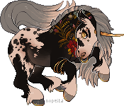 a pixel art drawing of a black and white unicorn with gold accents. the unicorn has a long white mane and tail, and its horn is also white. the unicorn is decorated with gold jewelry and a floral tattoo. the art style is reminiscent of video game sprites.