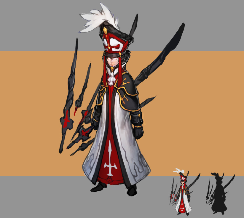 the image showcases a digital character concept, likely designed for a fantasy rpg or video game. the character, a young warrior priest, stands in a confident pose against a minimalist background. they are clad in a striking red and white robe with gold accents, a tall hat adorned with a feather, and wield several jagged black swords with red markings. the art style is semirealistic with an emphasis on dynamic lines and soft lighting. two smaller versions of the character are presented below the main figure, one fully colored and the other a silhouette, showcasing the design's impact.