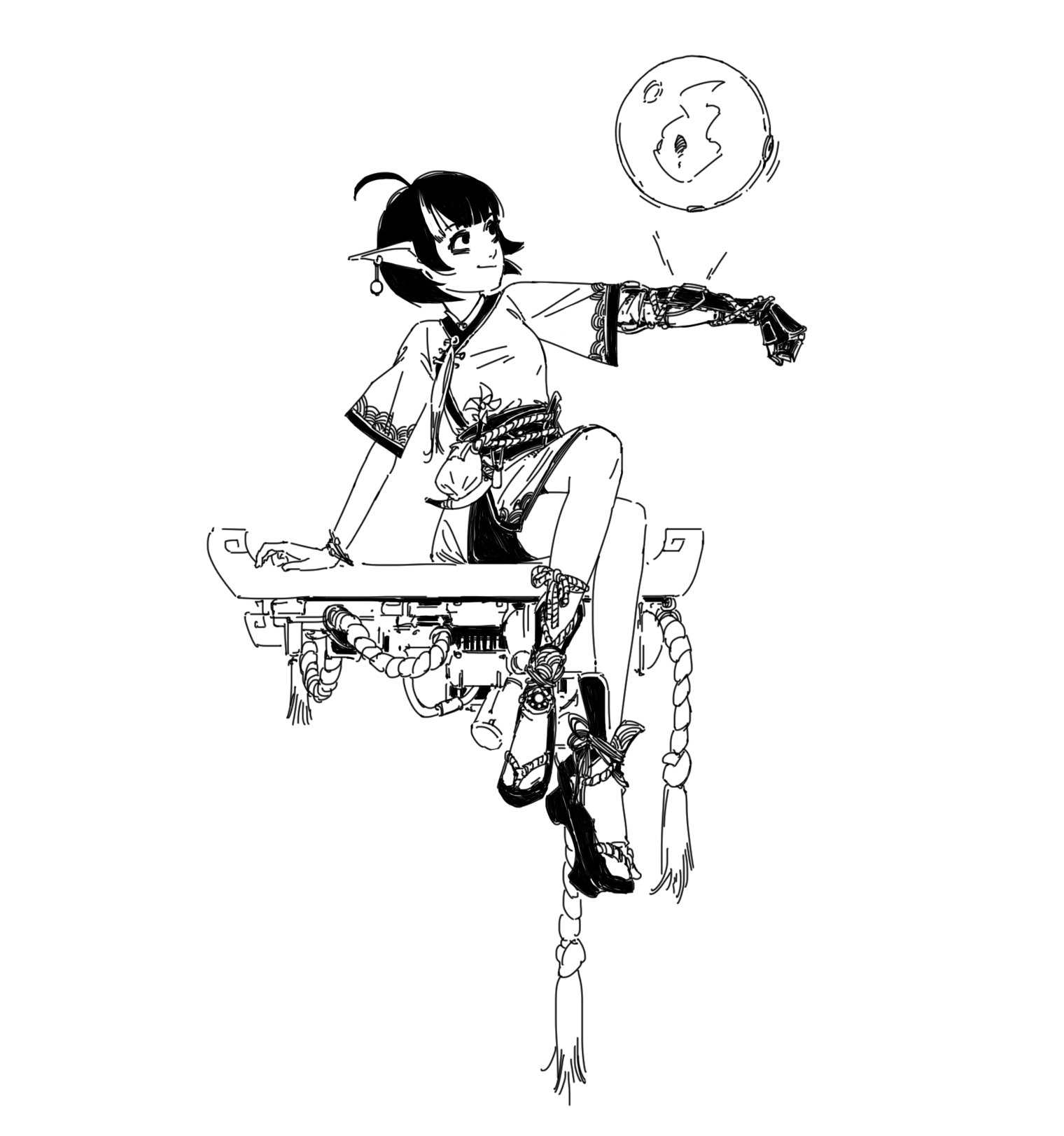 the image is a black and white line drawing of an animestyle elf girl. she has short dark hair, pointed ears, and is wearing a kimonolike outfit.  one of her arms appears to be a robotic or steampunkstyle prosthetic. she is sitting on an ornate, possibly mechanical, structure, and a glowing orb floats above her hand.  the style is detailed and intricate, with a mix of fantasy and technological elements. the overall feeling is whimsical and slightly mysterious.