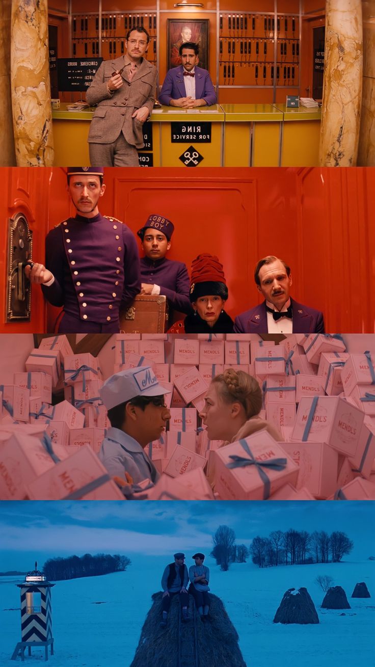 he image is a collage of four stills from wes anderson's film "the grand budapest hotel."  the top panel shows the hotel lobby with the concierge and another man at the front desk. the second shows an elevator scene with several characters in hotel uniforms. the third shows a scene with numerous pink mendl's boxes and two people in the foreground. the bottom panel shows a snowy winter landscape with two figures sitting on a haystack in the distance.  the collage effectively highlights the film's distinct visual style and various locations and characters.