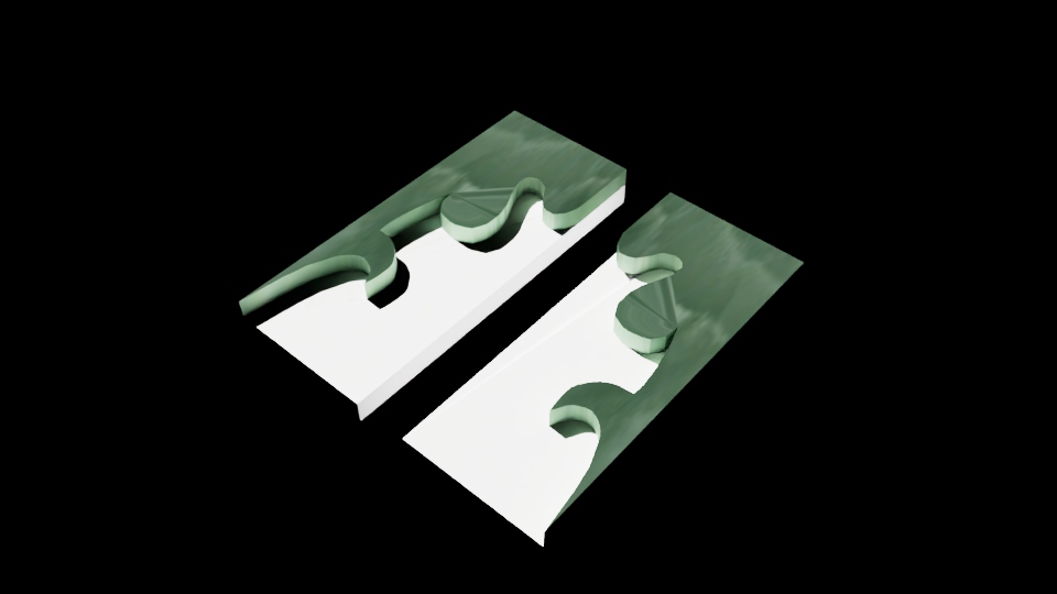 two pieces of a green and white jigsaw puzzle are shown in a 3d rendering against a black background. the pieces are partially separated, and the image has an abstract quality.