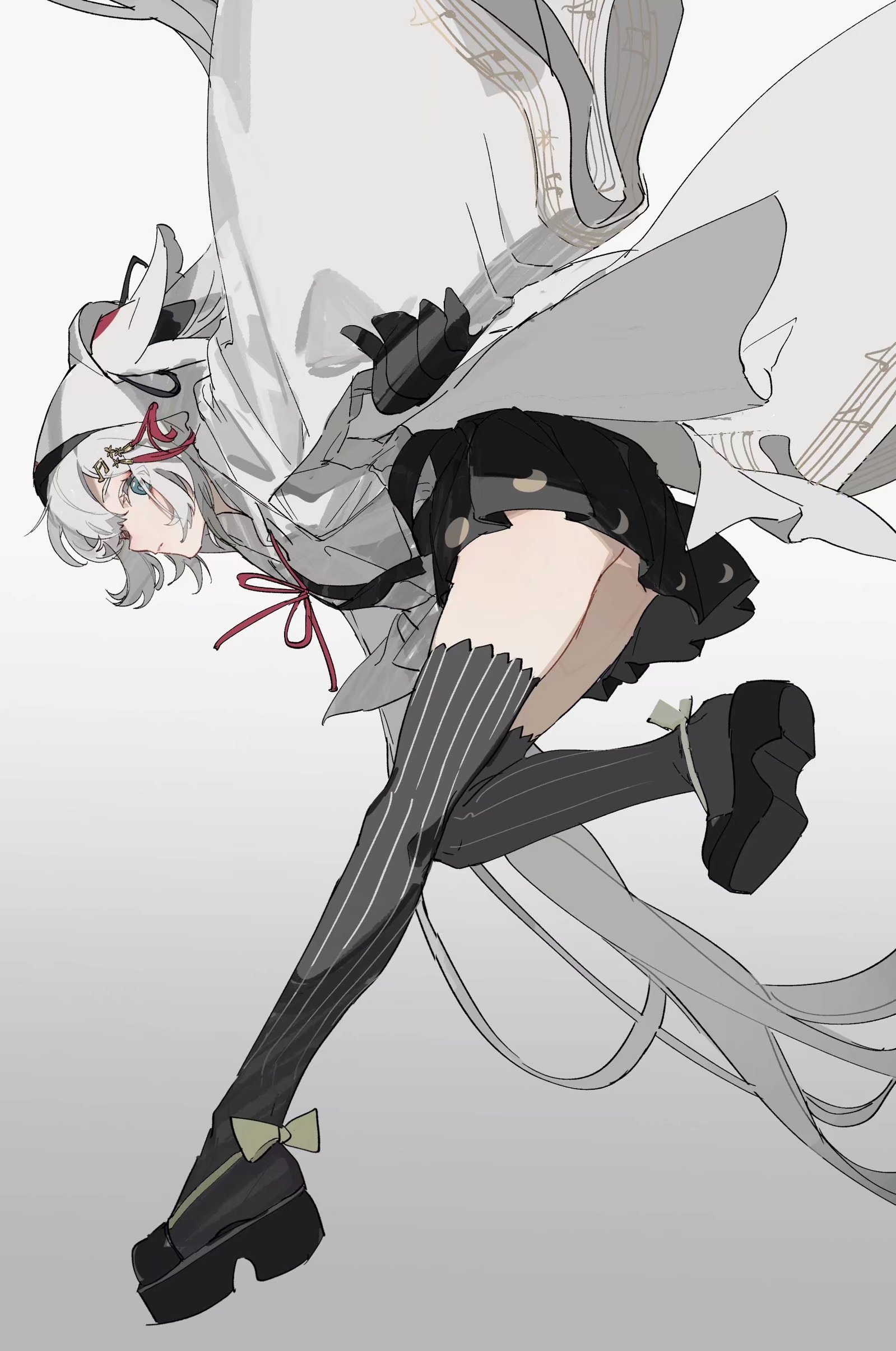 an animestyle drawing depicts a girl with white hair and blue eyes in a dynamic pose, as if caught in motion. she wears a hooded cloak, a dress adorned with crescent moon patterns, and striped stockings paired with platform shoes featuring bows. the cloak and her hair appear windblown, and there are musical notes subtly visible in the background of the cloak. the artwork is primarily in monochrome.