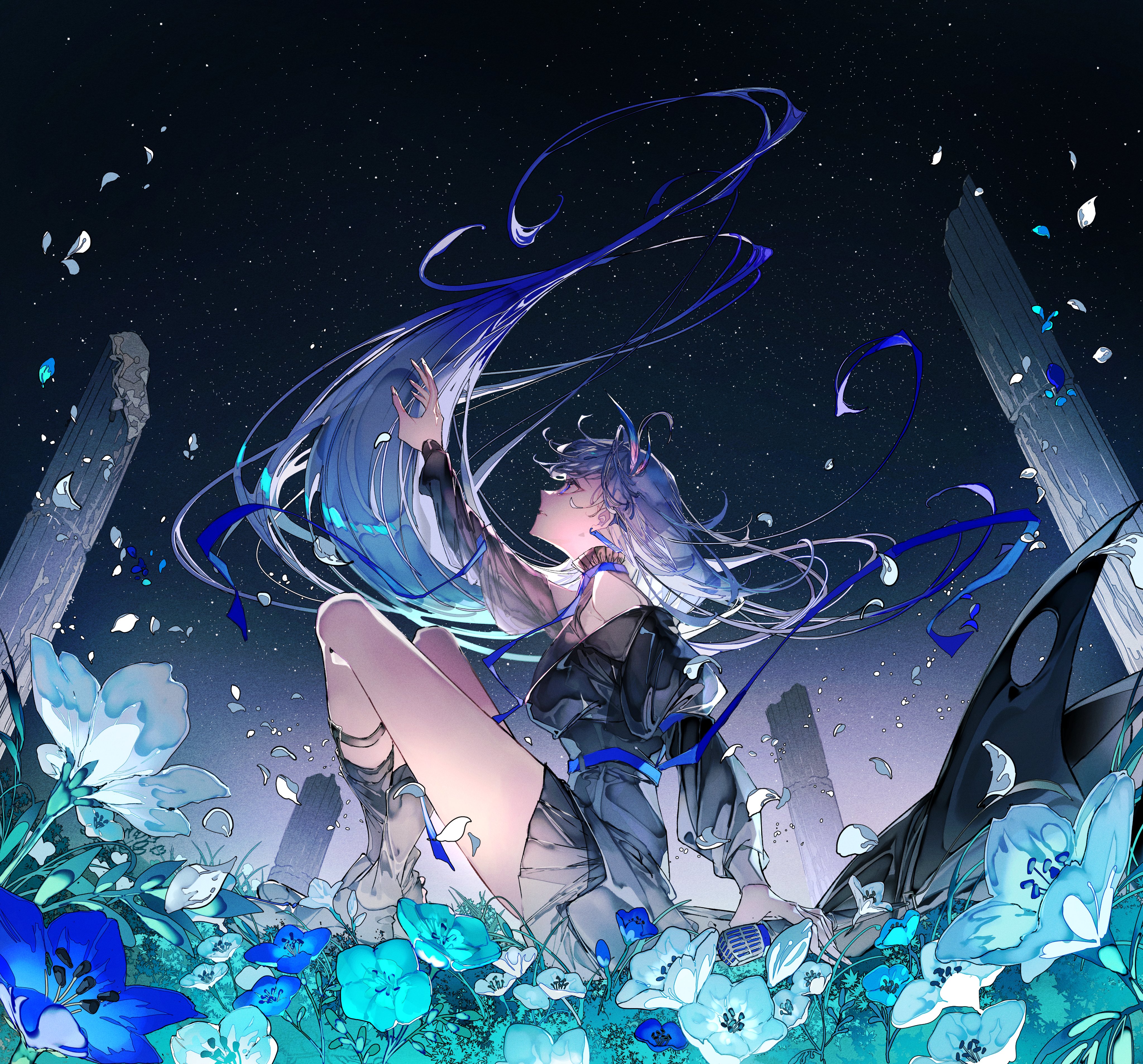 he image showcases a digital painting of an animestyle girl with long, flowing blue and purple hair. she is sitting amidst a field of blue and white flowers, looking up at a night sky filled with stars.  behind her are the ruins of what appear to be ancient columns.  she's wearing a dark, elegant outfit and holds something small and blue in her hand. the overall atmosphere is mystical and fantastical. the art style is detailed and expressive, with flowing lines and vibrant colors.