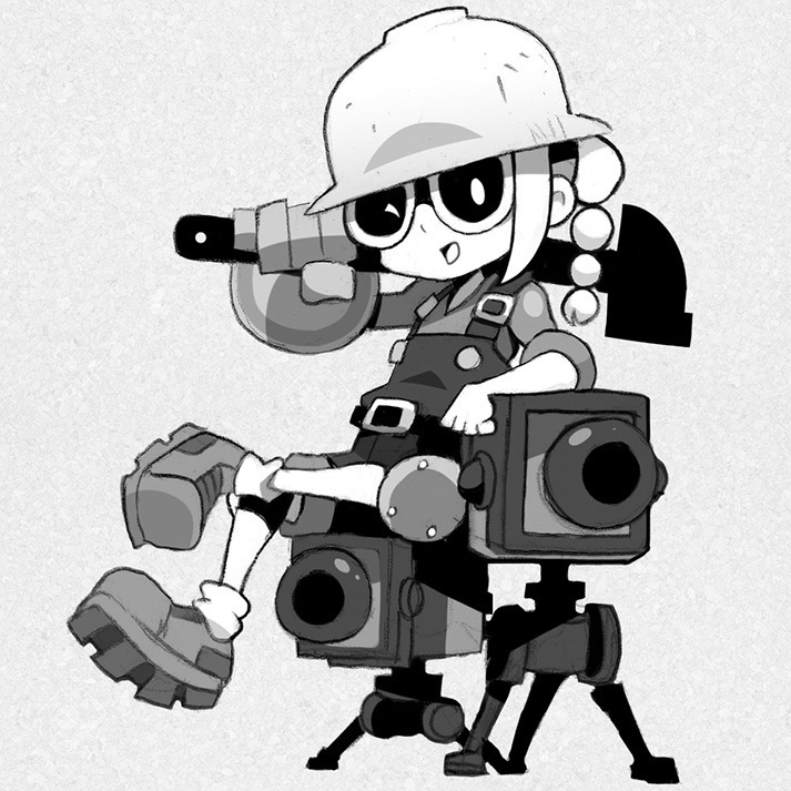 a black and white drawing of a young girl dressed like a construction worker and sitting on a large mechanical chair. she has on overalls, a tool belt, boots, and a hardhat with goggles. she's holding a wrench and smiling. the picture seems to be a character concept for a video game.