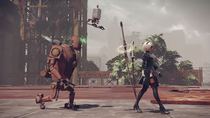 the image is a still from the video game nier: automata. it depicts the main protagonist, 2b (a yorha android), walking casually towards the viewer.  she is armed with a large sword and is accompanied by a smaller, rusty, mechanical companion that resembles a walking clockwork automaton. a hovering pod, a small support drone that's characteristic of the game, is seen in the background. the setting is a postapocalyptic cityscape with overgrown vegetation sprouting amongst decaying structures and rusty metalwork. the overall aesthetic is a blend of futuristic technology and environmental decay. the scene suggests a moment either before or after combat.