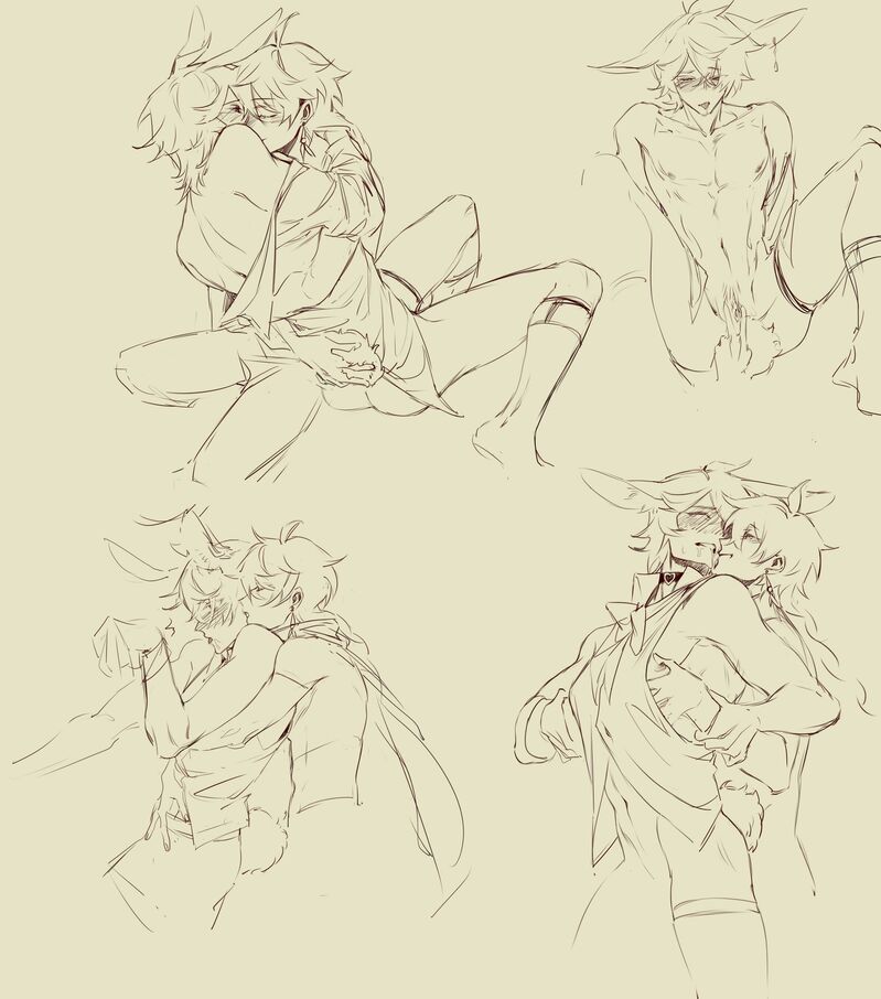 the image is a collection of four sketches depicting different romantic moments between two anime boys. the art style is soft and light, using only