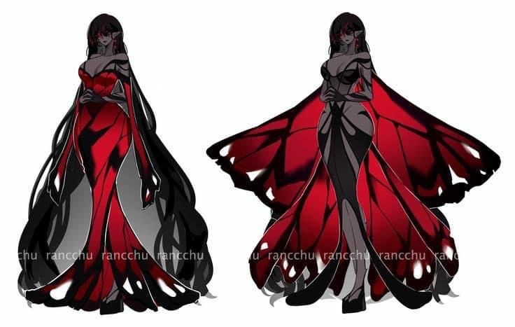 two anime girls with pointy elf ears wearing red and black butterflythemed dresses. one dress has flowing fabric, the other resembles butterfly wings.