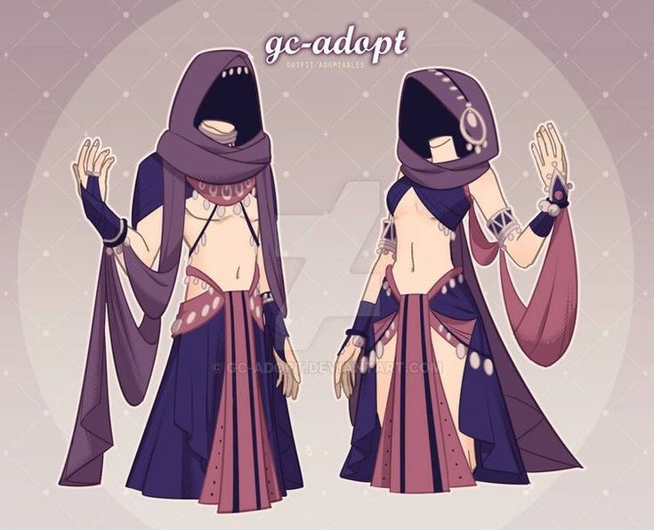 this is a digital illustration of two  fantasy costumes, one for a male and one for a female, available for adoption. both are wearing a purple and pink color scheme with gold accents, and a lot of embellishment. the male costume has a long dark purple tunic with pink detail along the edges, a long purple hood, and a pink and gold belt with a matching belly band. the female costume includes a dark purple  halter top and long skirt with pink accents, along with a pink hooded cloak.  both have jewelry, bracelets, and anklets, along with beaded tassel accessories.