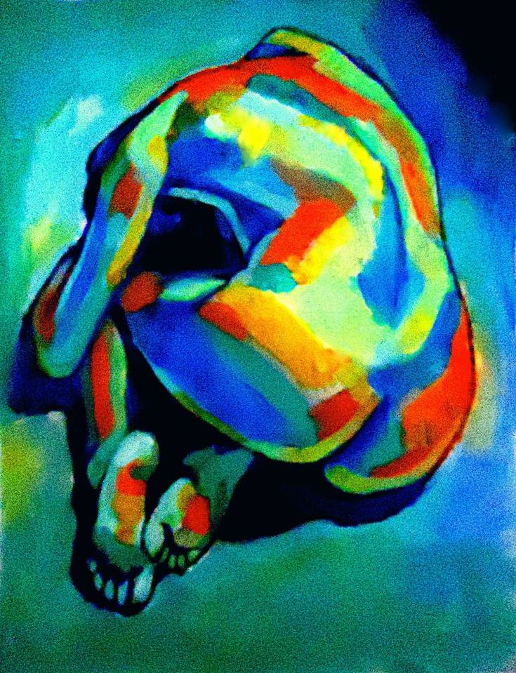 a painting of an abstract, folded, and colored human figure. the figure is in a seated pose. the colors of the painting are blue, green, yellow, orange, and red.