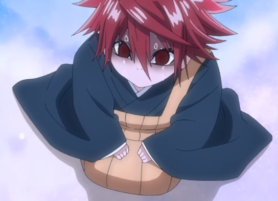 an anime boy with red hair is wearing a blue kimono. he looks scared and frightened. he has a small face and a scared expression. the boy is possibly chibi and very young.  the background is a light blue. the image is a still shot from an anime.