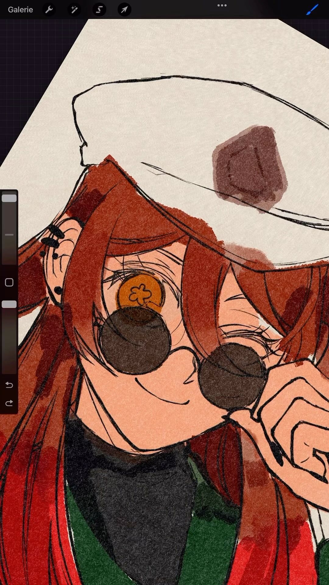 the image shows a digital artwork in progress, likely created using an app like procreate. it's a closeup portrait of a stylized female character with long, vibrant red hair, wearing a white cap with a dark brown patch, dark round sunglasses, and a darkcolored turtleneck shirt under a green jacket and red scarf.  the art style is reminiscent of anime, with expressive eyes and slightly exaggerated features. the character has a subtle smile, and her hand is shown gently holding her sunglasses. the overall color palette is warm and slightly muted, with textures suggesting paint or watercolor effects. the image also shows the digital art interface elements (toolbar) suggesting it's a work in progress.