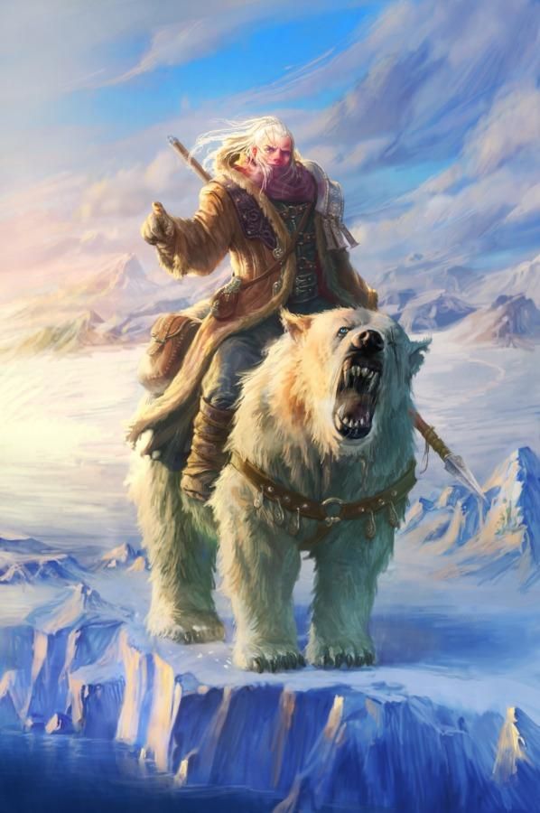 a digital painting depicts a man riding a polar bear across a snowy and icy landscape. the man has long blond hair, wears a fur coat and scarf, and raises a hand in a gesture. he rides a large, snarling polar bear that is outfitted with a harness. the scene takes place on a cliff overlooking snowy mountains and icy water under a sky with fluffy clouds. a spear is attached to the bear's harness. the image conveys a sense of fantasy and adventure in a frozen wilderness.