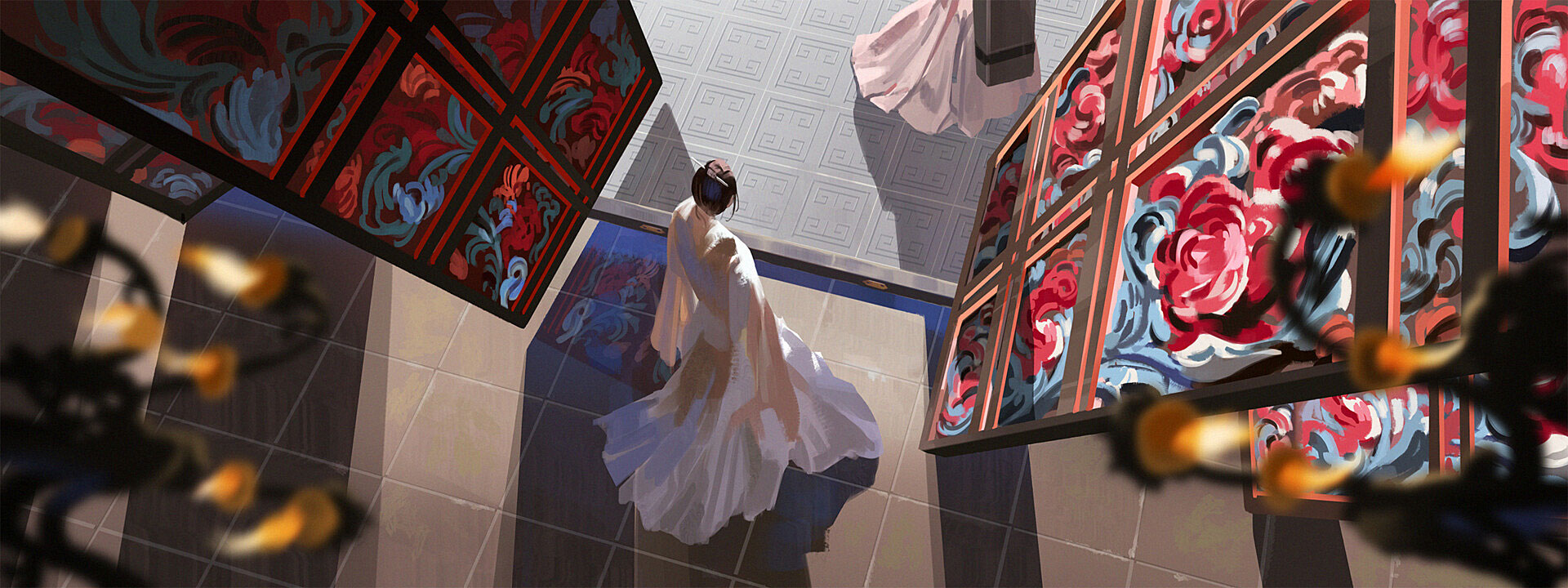 a woman in a white dress stands on a tile floor patterned with squares, with ornate floral ceilings above.  the woman is standing in the middle of the image looking slightly to the right.  the floor is tiled with a repeating pattern of squares, and the ceilings are covered with floral patterns in shades of red, blue, green, and pink.  a chandelier hangs from the ceiling, casting shadows on the floor. the woman is very welldressed, with a white dress that is slightly loosefitting, but has a nice flow.  the image has a very elegant feel to it.  the overall feel is one of beauty and tradition.  the image appears to be a painting or digital art.