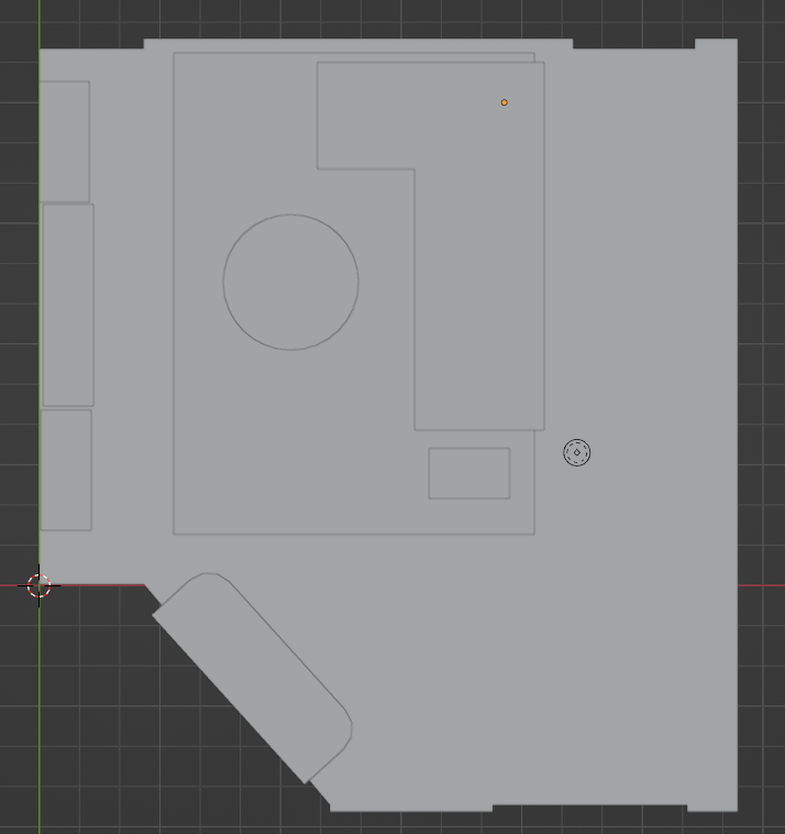 the image shows a 3d rendered floor plan created in blender. it is an overhead view of a space with a proposed interior design layout, including furniture such as sofas, tables, and a kitchen area. the room layout includes a bathroom. the background is a gray grid pattern commonly found in blender.