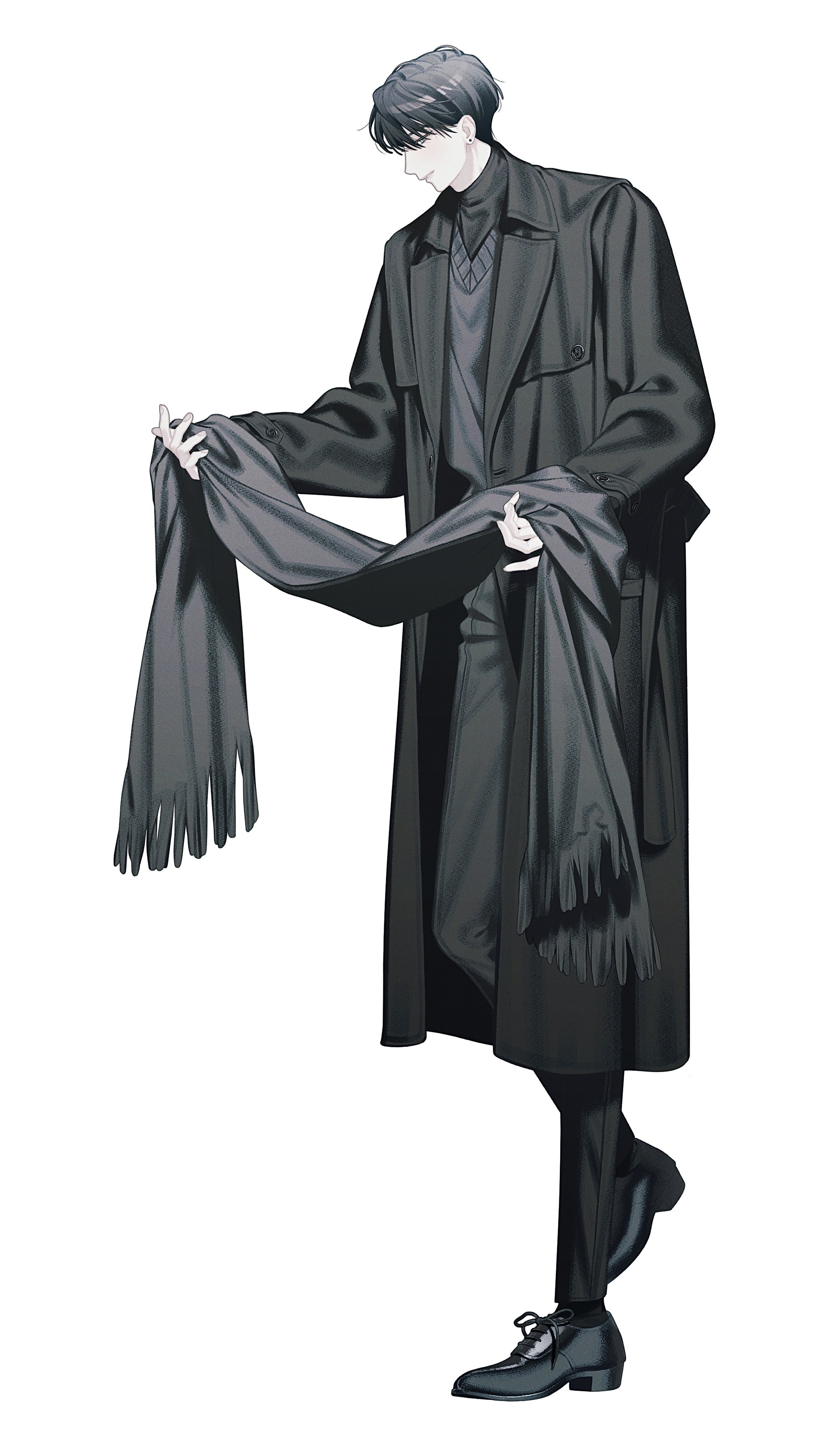 he image features a fullbody illustration of a stylish anime boy. he's depicted wearing a long, darkcolored coat, a darkcolored scarf draped around his neck and shoulders, dark trousers, and dress shoes. his hair is short and dark, and he appears to be standing and holding the scarf in his hands. the style is realistic anime with a focus on clothing and posing. the background is plain white.