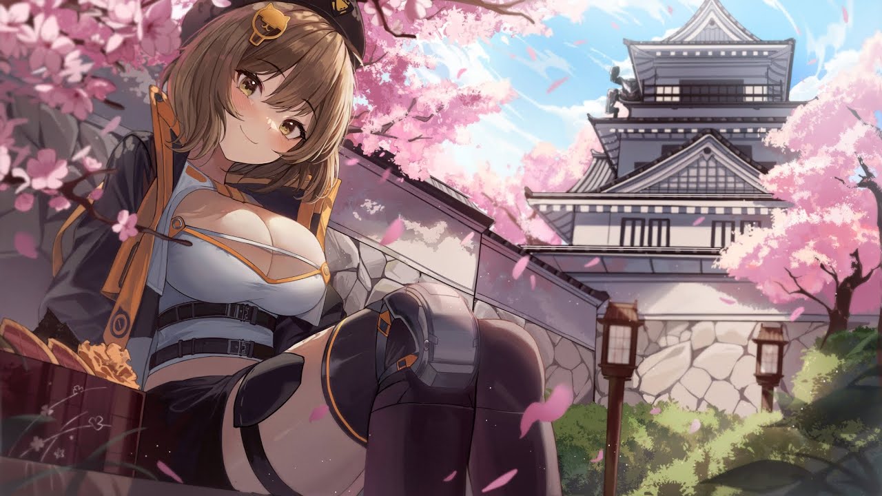 the image is a digital fan art illustration of an animestyle girl. she has long brown hair, bangs, and is wearing a cap or hat. her outfit is a blend of casual and futuristic elements, featuring a lowcut top showing cleavage,  a darkcolored short bottom, thighhigh boots with armoredlike details, and what appears to be elements of a robotic or mech suit. she is sitting outdoors, smiling cheerfully. the background features a beautiful japanesestyle castle, cherry blossom trees in full bloom, and lanterns. the overall style is vibrant and detailed, conveying a cheerful and slightly suggestive atmosphere. the setting evokes a feeling of spring and a blend of modern and traditional japanese aesthetics.
