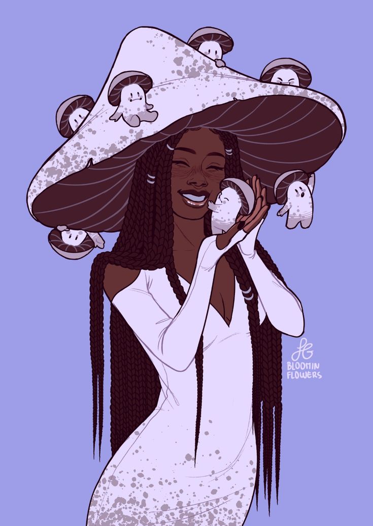 a digital illustration of a black woman with long, dark braids wearing a large white mushroom hat and a white dress with a pattern of tiny purple spots. she is smiling and holding a smaller mushroom creature close to her face, as if she is hugging or kissing it. there are other small mushroom creatures on her hat. the background is a light lavender color.