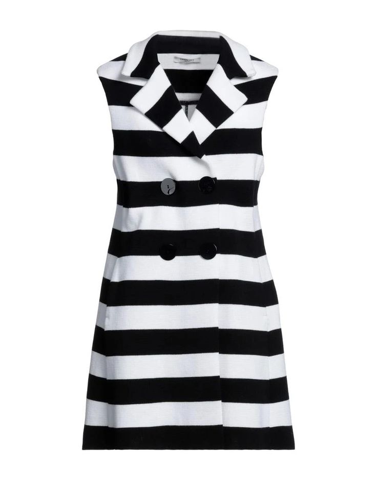 a black and white striped sleeveless dress with a lapel collar and doublebreasted button closure.