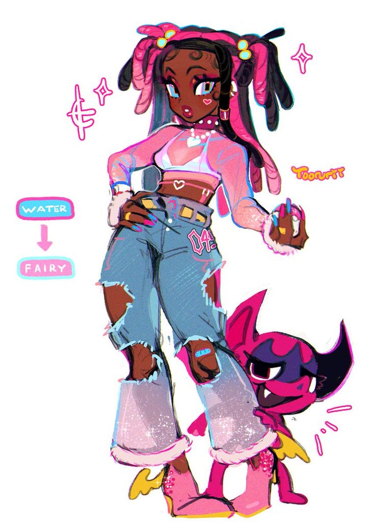 a pink and blue anime girl wearing stylish clothing is standing with a cartoon pink and purple creature at her feet. the girl has long, braided, pink hair with blue streaks and is wearing a sheer pink shirt with a white top underneath. she's also wearing blue jeans with several rips and tears, pink and white shoes with wings and a pink and white necklace. she has a pink heart on each cheek and is holding a pink and white phone in one hand. the creature has dark purple eyes and a large, toothy grin. it is wearing a pair of pink and white shoes. the background is white with a blue and pink rectangle that says "water" with an arrow pointing down to another blue and pink rectangle that says "fairy." there are also some random symbols scattered around.