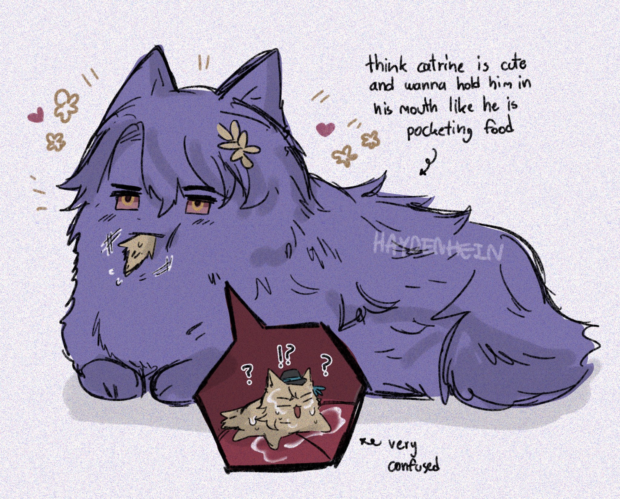 a purple furry cat with a flower on it's head is thinking about putting a smaller cat in it's mouth. the smaller cat has question marks above it's head because it is confused by the bigger cat's actions.