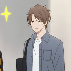 a young adult anime man with brown hair is depicted in what appears to be an indoor setting. he's wearing a casual outfit with a lightcolored shirt and a denim jacket. he has a black shoulder bag and a content expression on his face. the overall color palette is muted with soft lighting.