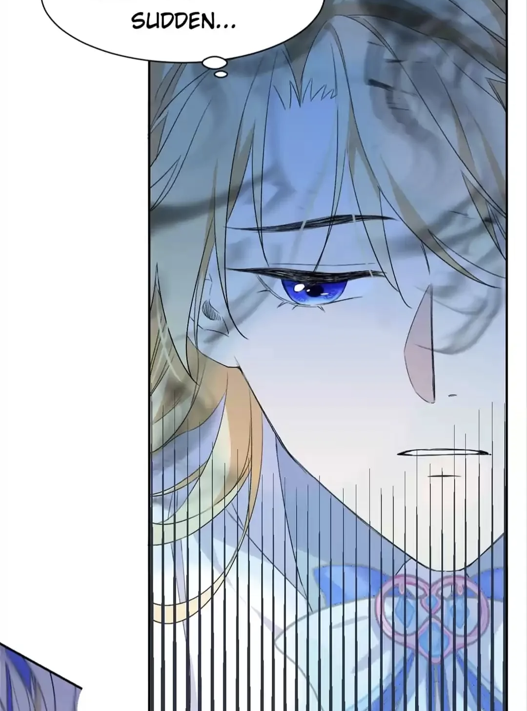 the image shows a closeup of a mangastyle character's face.  the character has blond hair, blue eyes, and is wearing light blue clothes with a bow tie. they appear surprised or shocked, with their eyes wide and a thought bubble above their head saying "sudden...".  the style is reminiscent of manhwa or light novel illustrations, with a soft color palette and detailed linework.  a sense of sadness or heartbreak is conveyed by their expression.  a series of vertical lines across the lower half of the character's body create a somewhat distressed or fragmented effect.