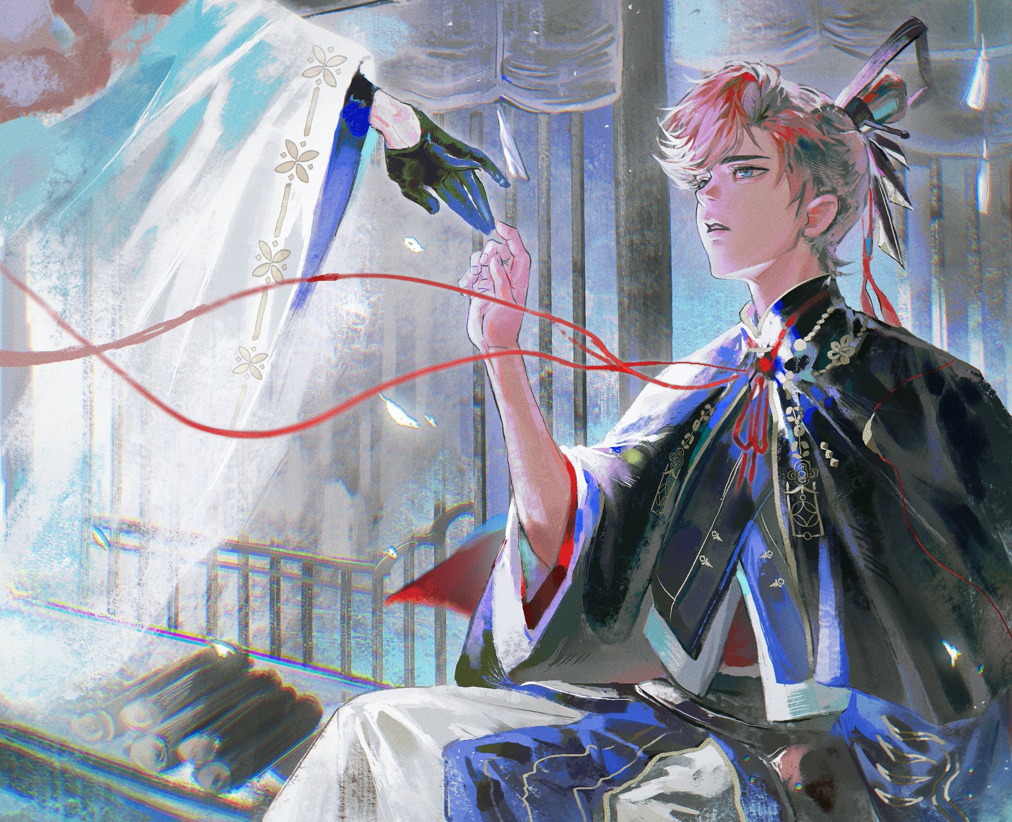 the image is an illustration of a young anime male character wearing a traditional kimono, holding a red string of fate. the character is dressed in a dark blue kimono with black embroidery. the image is set against a blurred background, featuring a white, flowing fabric and a window with metal bars. the character appears to be looking at someone or something off to the side of the image.