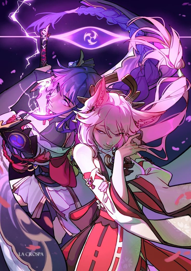 this is a stunning piece of fanart depicting raiden shogun and yae miko from genshin impact.  the two characters are drawn in a dynamic pose, close together, with vibrant colors and electric effects surrounding them. raiden shogun is partially obscured behind yae miko, with purple accents and lightning around her.  yae miko is prominently featured in the foreground, her pink and red outfit standing out against the dark background. the art style is animeinspired, with detailed clothing and expressive characters. the overall mood is energetic and magical. the artist's signature, "la crospa," is subtly placed in the lower left.