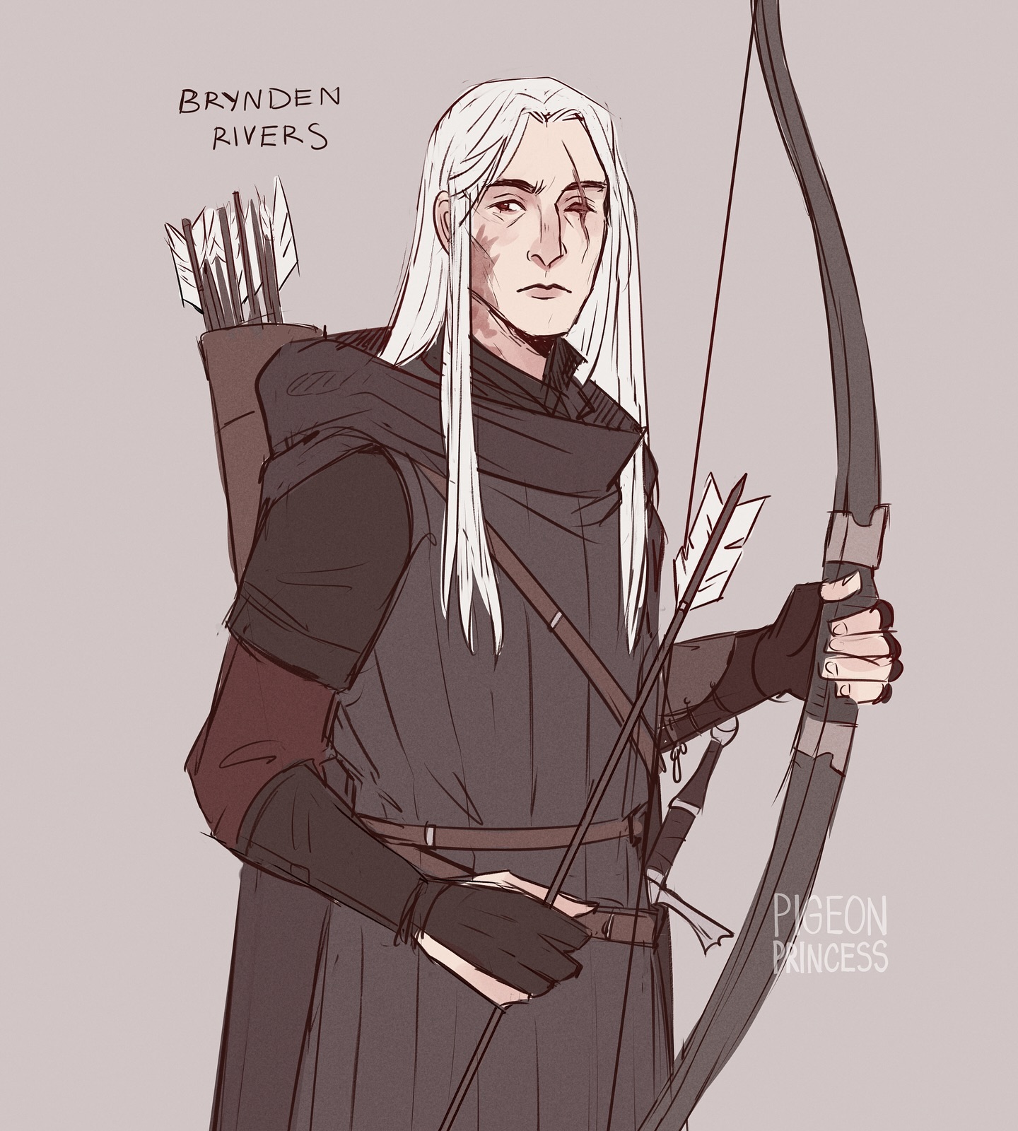 the image is a digital painting or illustration of a fantasy character named brynden rivers. he is a male character with long, flowing white hair, a scarred face, and is dressed in dark, medievalstyle clothing including a hooded cloak and what appears to be leather armor. he is depicted holding a longbow and quiver of arrows, suggesting he's an archer. the art style is loose and sketchlike with visible linework and shading. the background is a simple, muted grey. the artist's signature, "pigeon princess," is subtly included in the bottom right corner. the character's name, "brynden rivers," is written at the top.