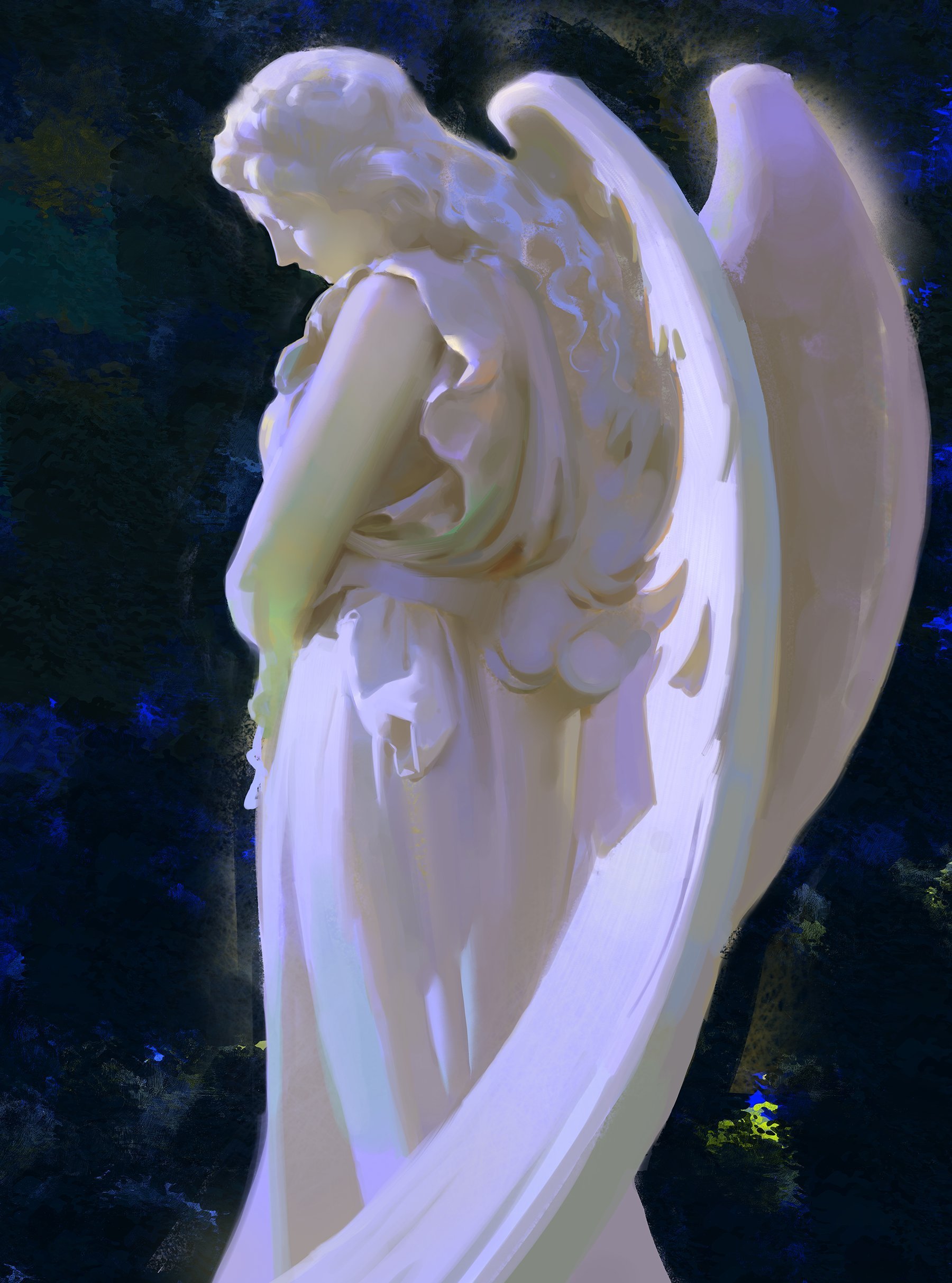 a digital painting of a white angel statue with wings against a dark blue and green background. the angel is standing with its head bowed and its wings spread out behind it. the light from the angel's body illuminates the surrounding darkness. the artwork appears abstract, with brushstrokes giving the impression of a painting.