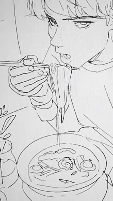 a black and white line drawing of an animestyle boy eating noodles from a bowl with chopsticks. the drawing is done in a sketchy style with visible lines and shading. the boy's expression is focused on the food. the bowl of soup contains noodles and other ingredients.