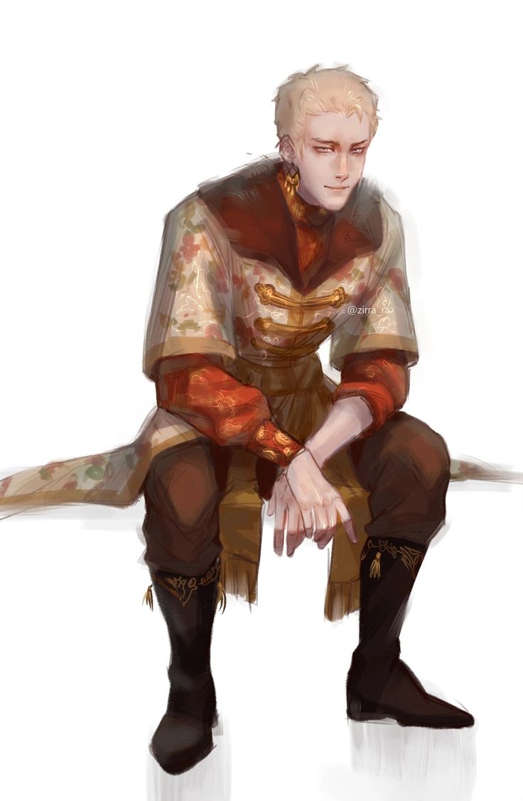the image is a digital painting depicting a young, blondhaired man dressed in elaborate, fantasystyle clothing. his attire is predominantly red and gold, with a floral patterned overlay. the clothing is highly detailed, showcasing elements like a highcollared shirt, a decorated jacket or tunic with gold braiding, and long, dark boots.  he sits with his hands clasped, appearing calm and composed. the style is painterly and soft, with visible brushstrokes. the background is a simple, unblemished white, drawing focus to the character. the overall impression is one of elegance and fantasy, possibly depicting a prince, nobleman or other highranking character.