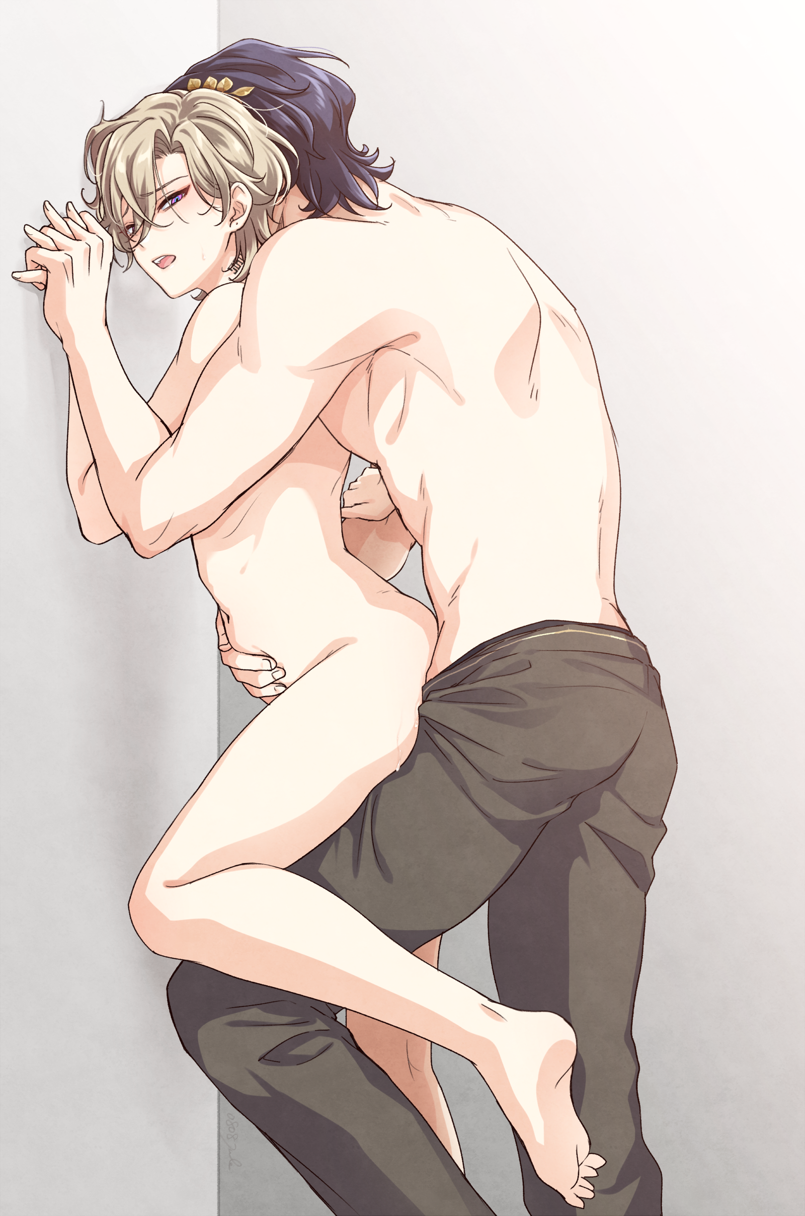 he image is a yaoistyle illustration depicting two young men in a close, intimate embrace against a wall. one, with blond hair and a delicate build, is held closely by the other, a more muscular figure with dark hair.  both are partially nude, revealing their bare skin and highlighting the physical intimacy of the scene. the overall style is reminiscent of manga or anime, with soft lines and a warm color palette. the mood is sensual and romantic, suggesting a strong connection between the two characters.
