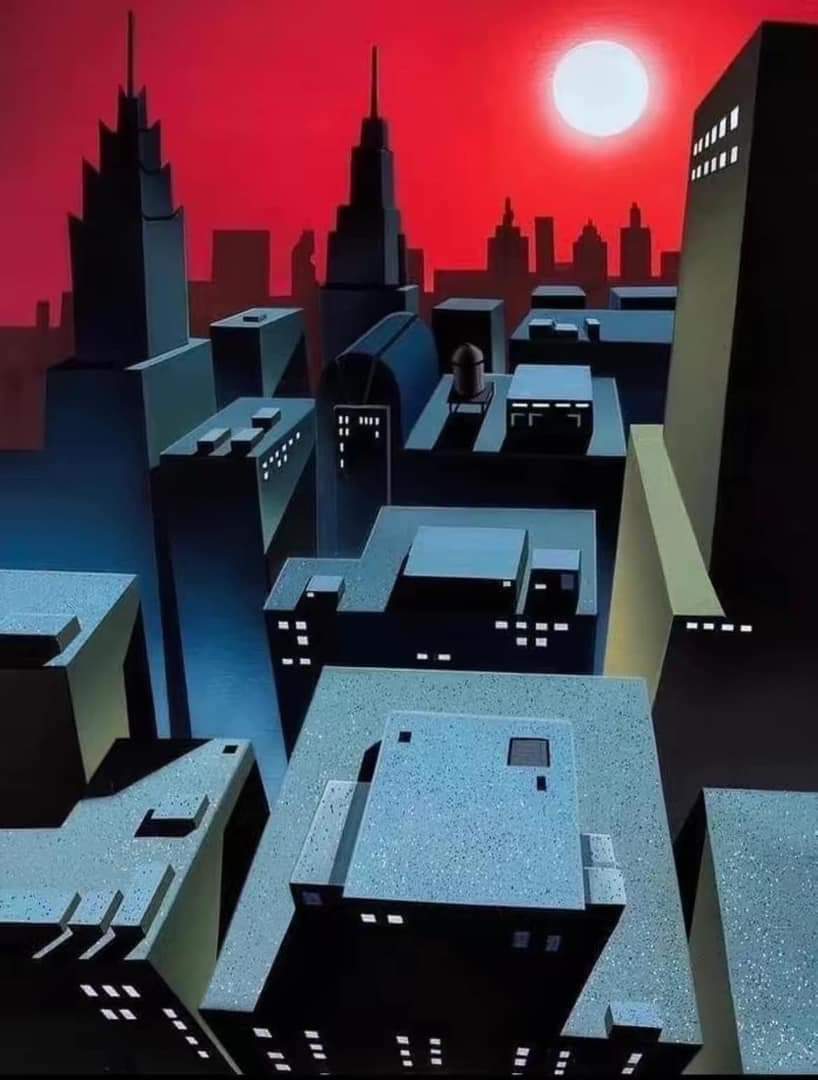 the image is a stylized depiction of gotham city, likely inspired by the art style of batman: the animated series.  the scene showcases a bird'seye view of a dense collection of skyscrapers at either dusk or dawn.  the sky is a dramatic, deep red, with a large, pale sun visible near the horizon. the buildings are rendered in a simplified, geometric style with sharp angles and dark colors, emphasizing height and density.  the overall mood is dark, atmospheric, and slightly ominous, typical of the show's aesthetic.  details like windows and rooftop features are visible on some buildings, adding to the urban complexity.