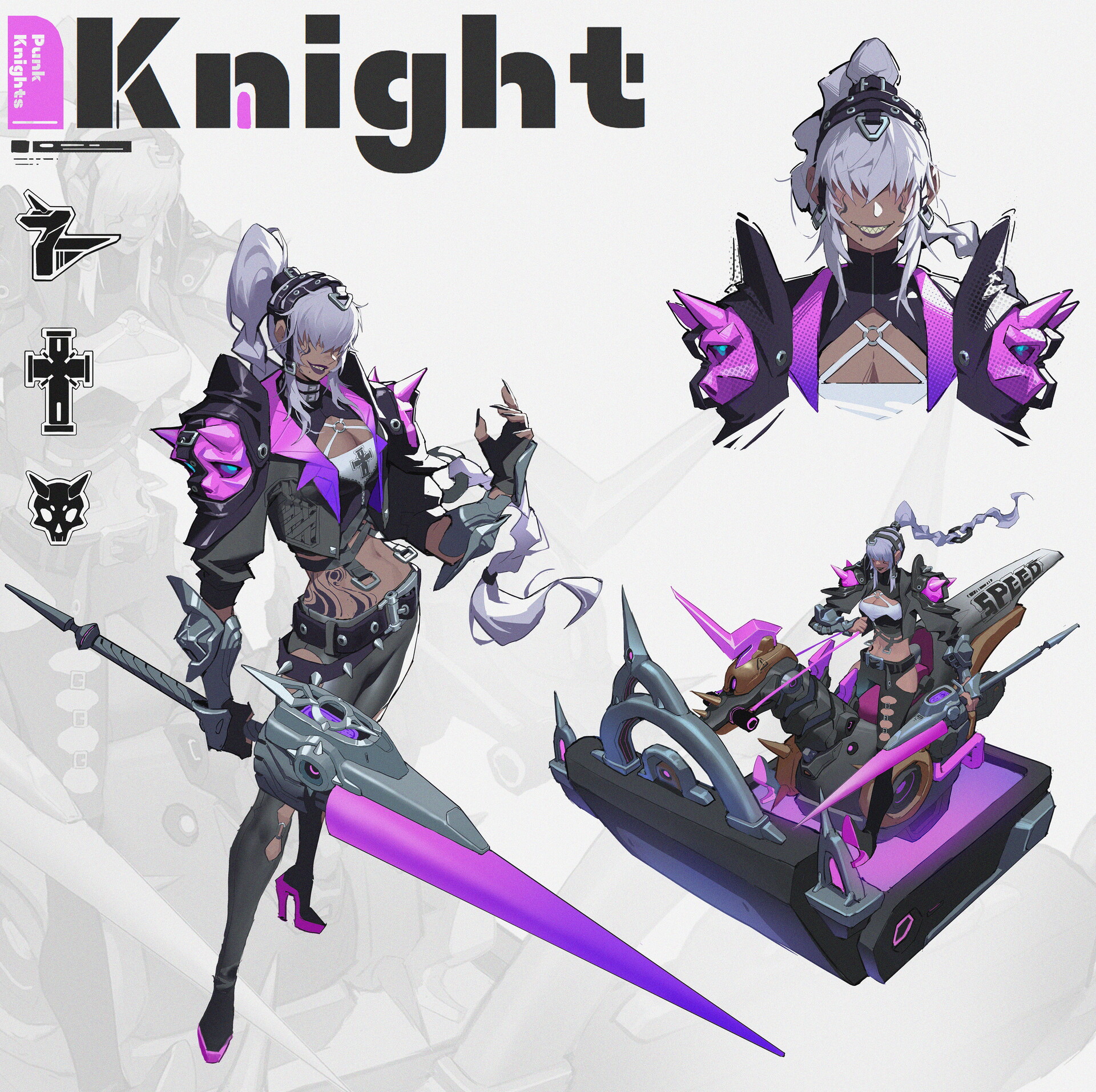 the image is a character design concept art of a female knight from a series called "punk knights". she is depicted in various poses: a fullbody standing shot with a futuristic spear, a headshot showing her face, and a smaller depiction of her riding a vehicle with a dragonlike head. the overall style is cyberpunk with a mix of fantasy elements, featuring a color palette of pink, purple, and grey. the character wears armor with robotic and animalistic elements.