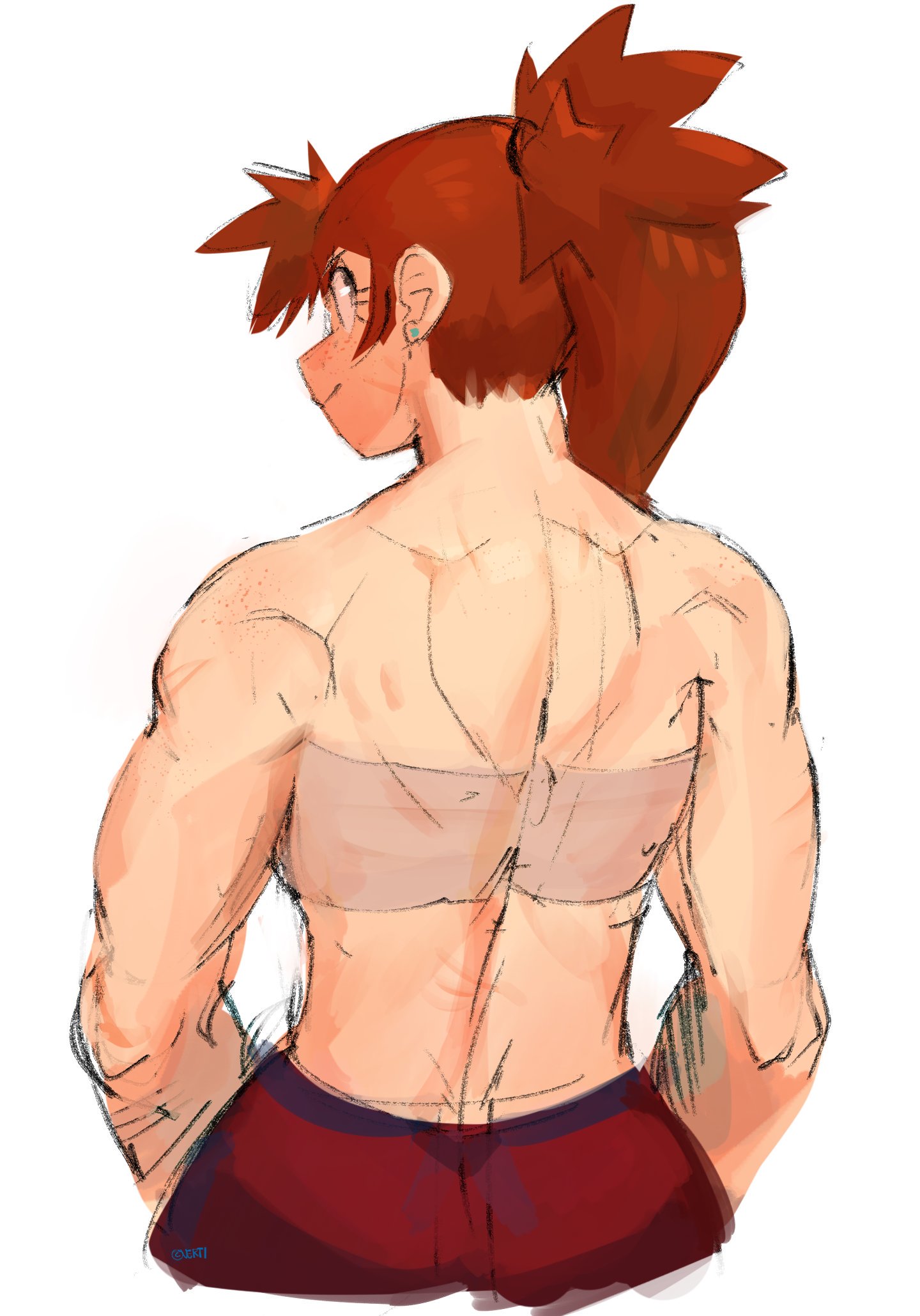 a digital illustration of an anime girl with a muscular back, wearing red shorts, a bra, and her hair in a ponytail. the girl is drawn in a sketchy style and appears to be facing away from the viewer. the background is white.