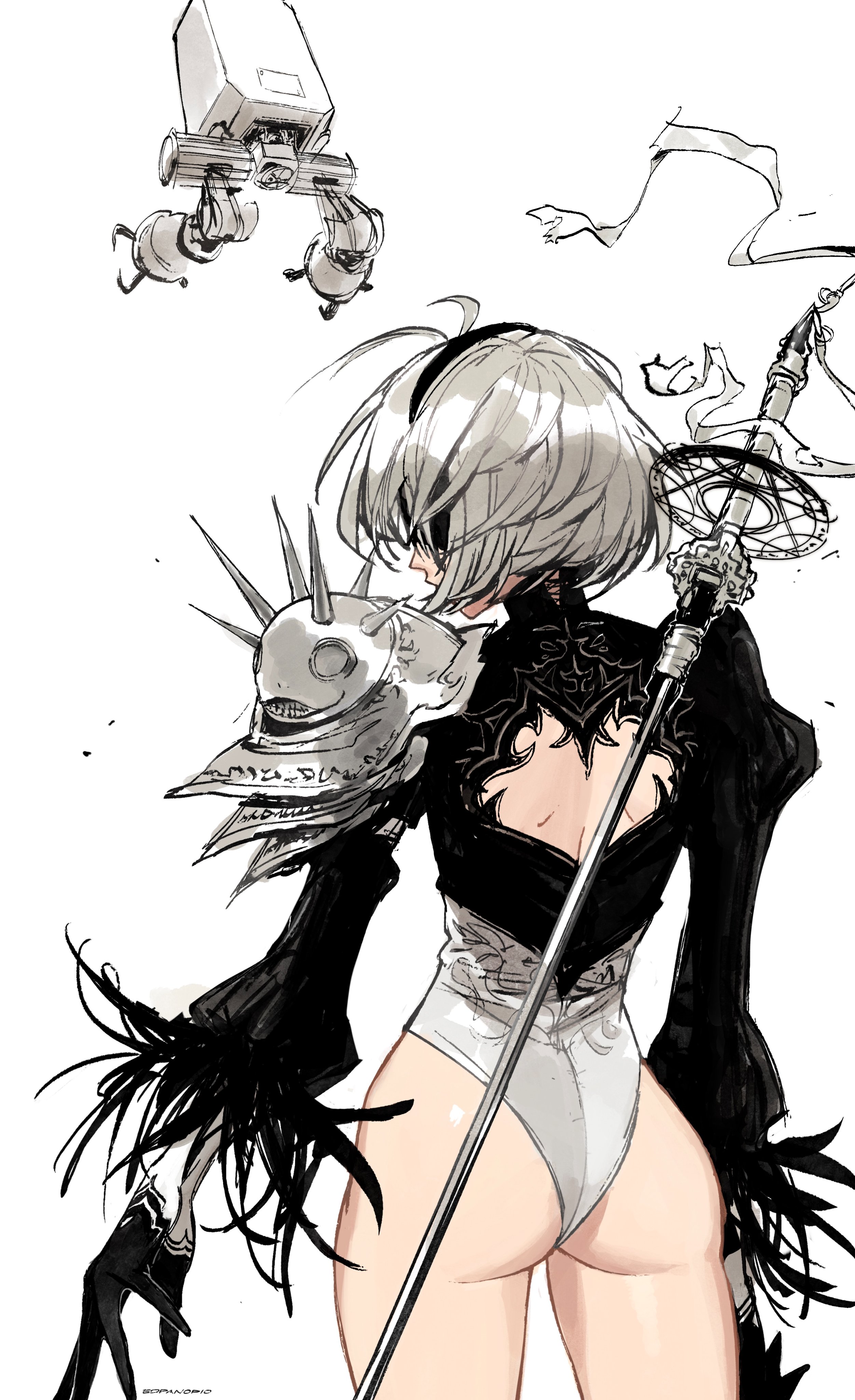 this is a piece of fanart depicting 2b, the iconic protagonist from the video game nier: automata.  the artwork is rendered in a style that blends anime and manga aesthetics with a more painterly, sketchy quality. 2b is shown from behind, her back to the viewer. she is wearing her signature black and white bodysuit with a detailed back design, and her signature shoulder guard is prominent.  she is holding a long sword or katana.  her white/grey hair is styled in a short bob. a small pod unit from the game is visible in the upper left corner. the overall style is dynamic and evocative, highlighting both 2b's physical form and her strength as a warrior. the image shows attention to detail in the character's clothing, weaponry, and overall design elements.