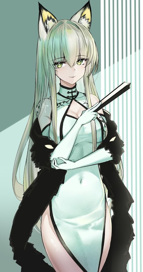 this is a digital illustration of an anime woman in a blue cheongsam with black sleeves. she is holding a fan in her right hand. she has long green hair with cat ears.
