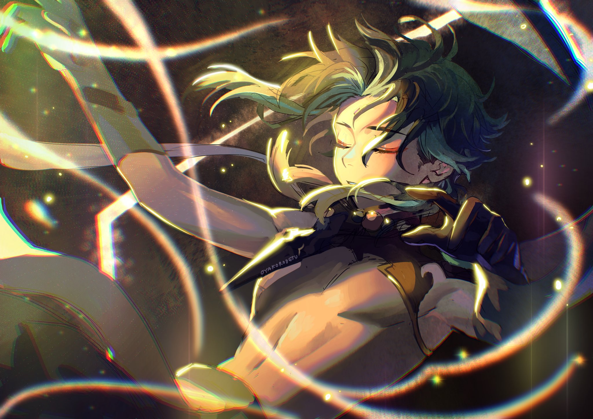 a beautiful, ethereal anime girl with long green hair, glowing eyes, and a glowing, swirling magic effect around her, floats in the air with her arms outstretched and hands in glowing gloves, in front of a dark, abstract background. the image is filled with golden light and swirling energy, and the girl's expression is both serene and powerful.  the artwork is done in a digital style, with a high level of detail and a vivid color palette.
