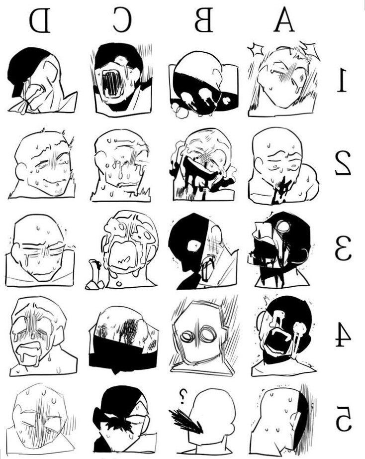 the image shows a grid of cartoon faces depicting various negative emotions. each face is a blackandwhite sketch with different expressions of pain, suffering, crying, distress, shock, and upset feelings. some faces are partially covered in dark shading or masks, and the overall style is reminiscent of manga or anime. the faces are labeled with letters (a, b, c, d) along the top and numbers (1, 2, 3, 4, 5) along the side, creating a matrix of emotions.