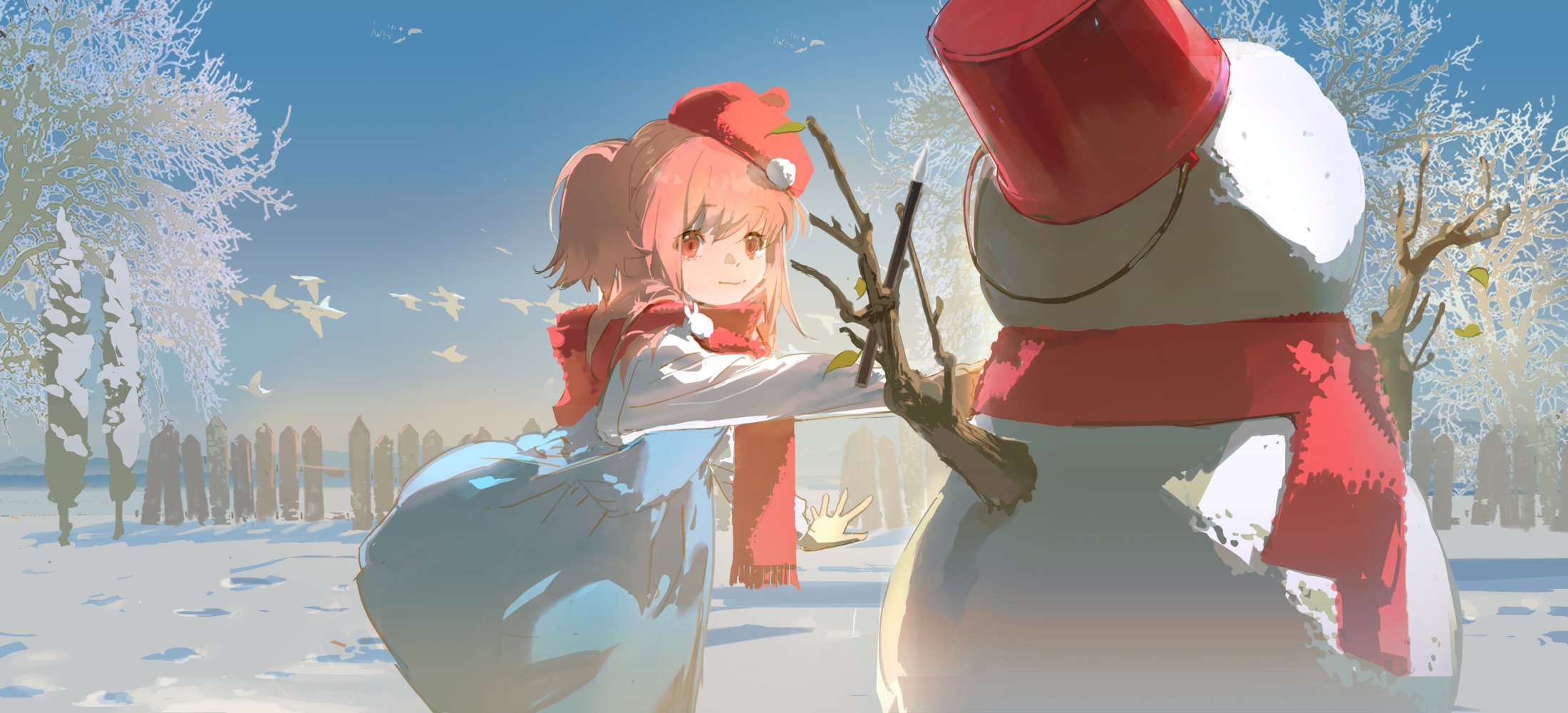 a young anime girl with pink hair and a red hat stands in a winter scene, smiling happily as she holds a snowman. the girl is wearing a blue and white dress and a red scarf. the snowman is wearing a red hat and scarf. the background features a snowy landscape with trees, a fence, and birds flying in the air.