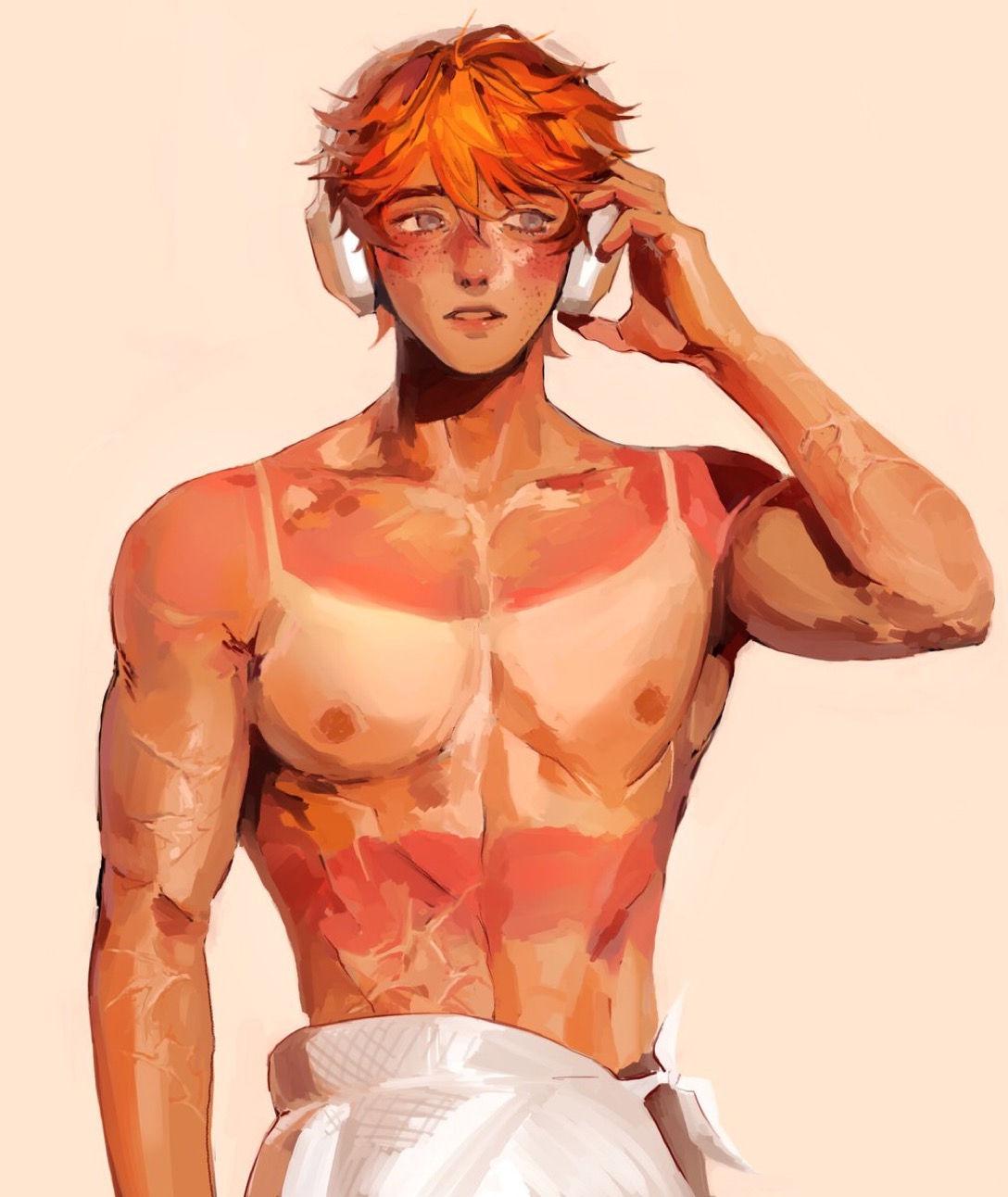 the image portrays a young, athletic man with vibrant orange hair and freckles. he is clearly sunburned, with prominent tan lines from a sports jersey and headphones. the sunburn is rendered in warm, reddish hues against his fair skin. he holds one side of his headphones and gazes off to the side with a mildly pained expression. he's wearing a white towel around his waist, suggesting a postworkout or outdoor activity setting. the background is a pale, neutral tone, keeping the focus on the subject.
