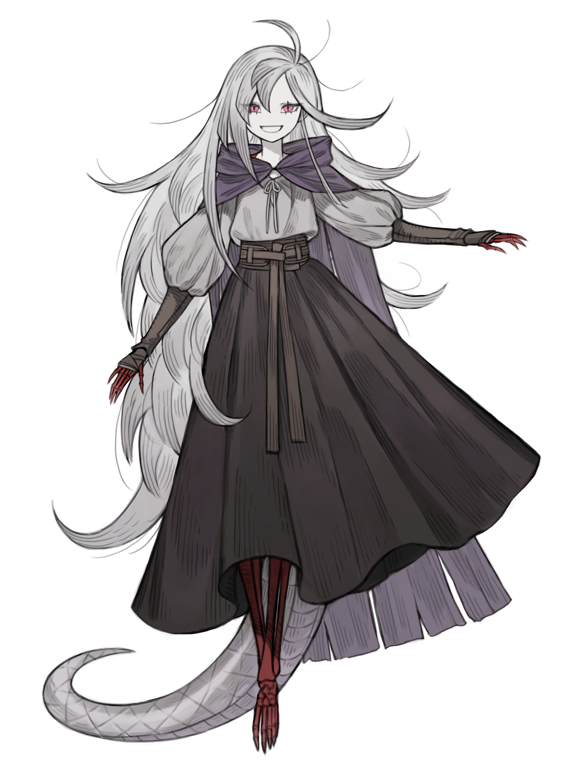 the image depicts a fullbody illustration of a young woman with a serpentine lower body. she has very long, flowing white hair, piercing red eyes, and a sly smile.  she wears a long, flowing black dress with long sleeves and a high collar. the dress is cinched at the waist with a belt, and the skirt flows out around her. she is barefoot, and her snake tail is covered in scales. the background is plain white, making the character the focal point.
