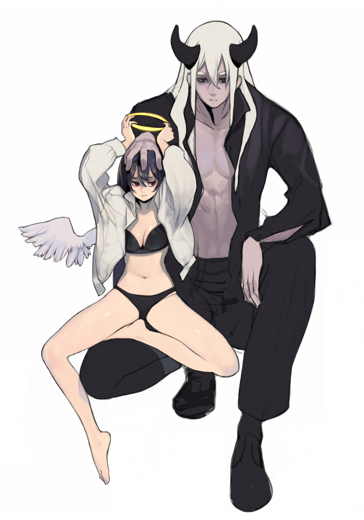 the illustration features a demonlike male figure and an angellike female figure in a stark, almost monochrome setting. the man, with his long white hair, prominent horns, and muscular physique, embodies a sense of brooding intensity. his attire, a simple black shirt and trousers, further amplifies this aura of dark charisma. in contrast, the female figure exudes an air of delicate innocence. her white shirt, loosely worn and exposing her undergarments, coupled with her small frame and wideeyed expression, creates a sense of vulnerability. however, the angel wings sprouting from her back hint at a power that belies her fragile appearance. the sharp contrast between light and shadow, achieved through soft lighting, adds to the dramatic tension of the composition. this interplay of light and dark, coupled with the figures' opposing symbolism, suggests a complex narrative, possibly hinting at a forbidden love or a clash of ideologies.