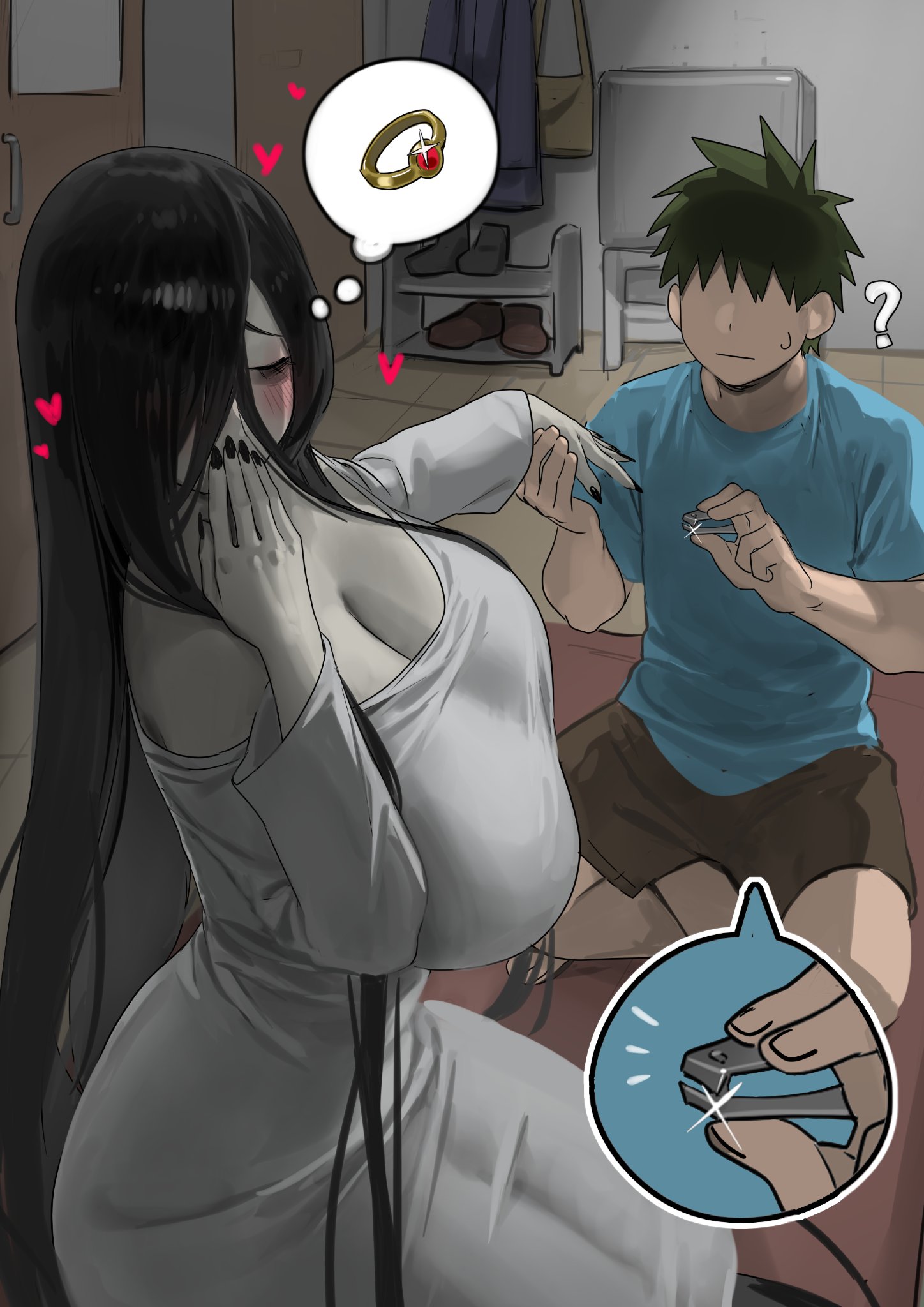 a man is offering to trim a paleskinned woman's nails with nail clippers. the woman has long, black hair and is wearing a long, white dress. she is blushing and dreaming about an engagement ring. the man has dark, spiky hair and is wearing a blue shirt and brown shorts. he has a question mark over his head, indicating his confusion.