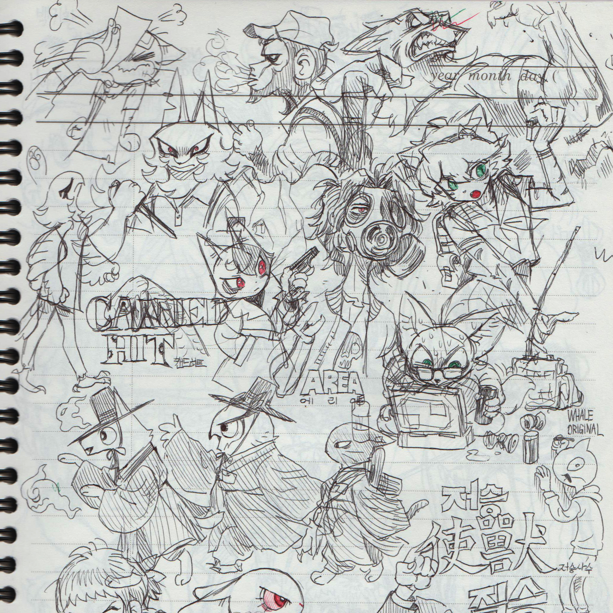 the image is a chaotic and colorful doodle filled with a variety of cartoon characters and objects. the drawing appears to be a handdrawn sketch in a style reminiscent of anime or manga. the characters are varied in shape and size, featuring a mixture of human and animal features, and all seem to be engaging in a variety of activities, like talking, fighting, and posing for the camera. the doodle is filled with details and patterns, creating a sense of busy energy and playful whimsy. the overall impression is one of a vibrant and imaginative world filled with personality and humor.