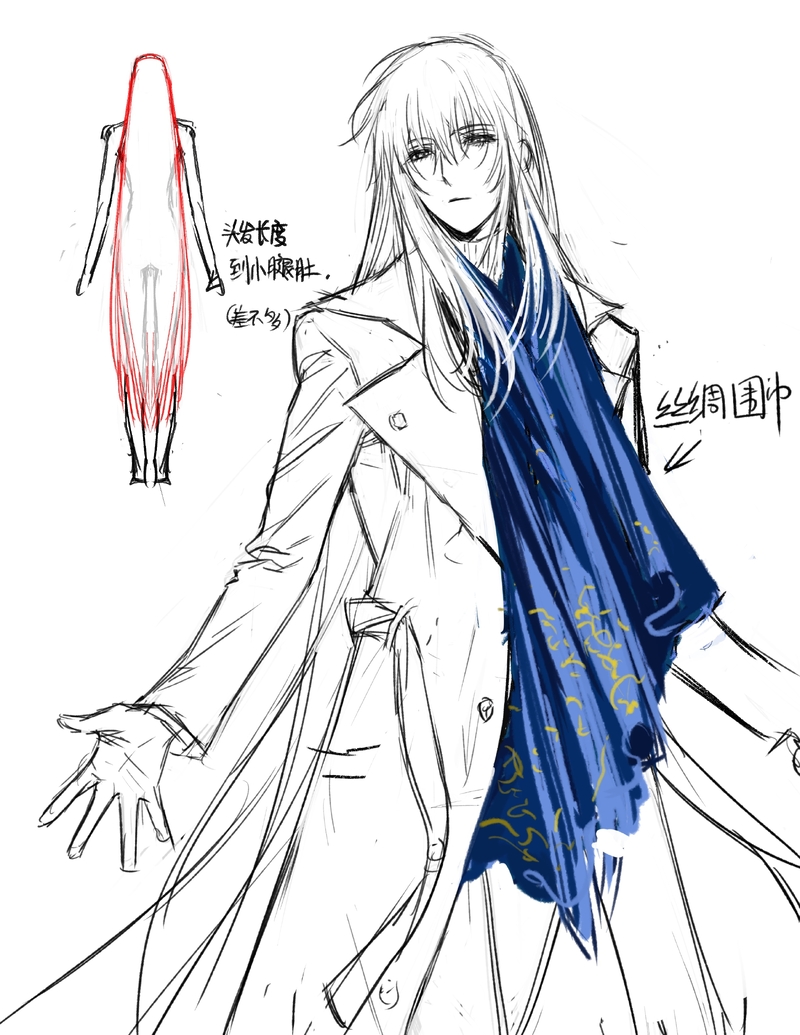 a sketch of an anime character with long white hair and a blue scarf. the character is wearing a long coat and has their hands in their pockets. the character is outlined in black and the scarf is filled in with blue and gold color. there is writing in japanese around the image.
