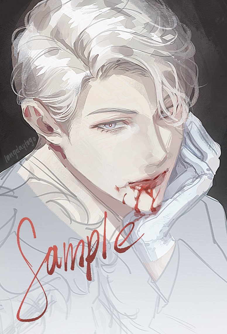 the image is a digital painting or illustration of a young animestyle male character. he has long, flowing white or light blonde hair styled neatly.  his skin is pale, and he has light eyes, with some blood around his mouth, suggesting a recent injury. he appears elegant and handsome, wearing what seems to be a lightcolored collared shirt or jacket and white gloves. the style is soft and somewhat painterly, with a muted color palette dominated by whites, grays, and the red of the blood. the background is dark gray, which enhances the focus on the character. a large "sample" label is prominently displayed in red across the image, indicating it may be an example of an artist's work. the overall aesthetic is dreamy and slightly melancholic.
