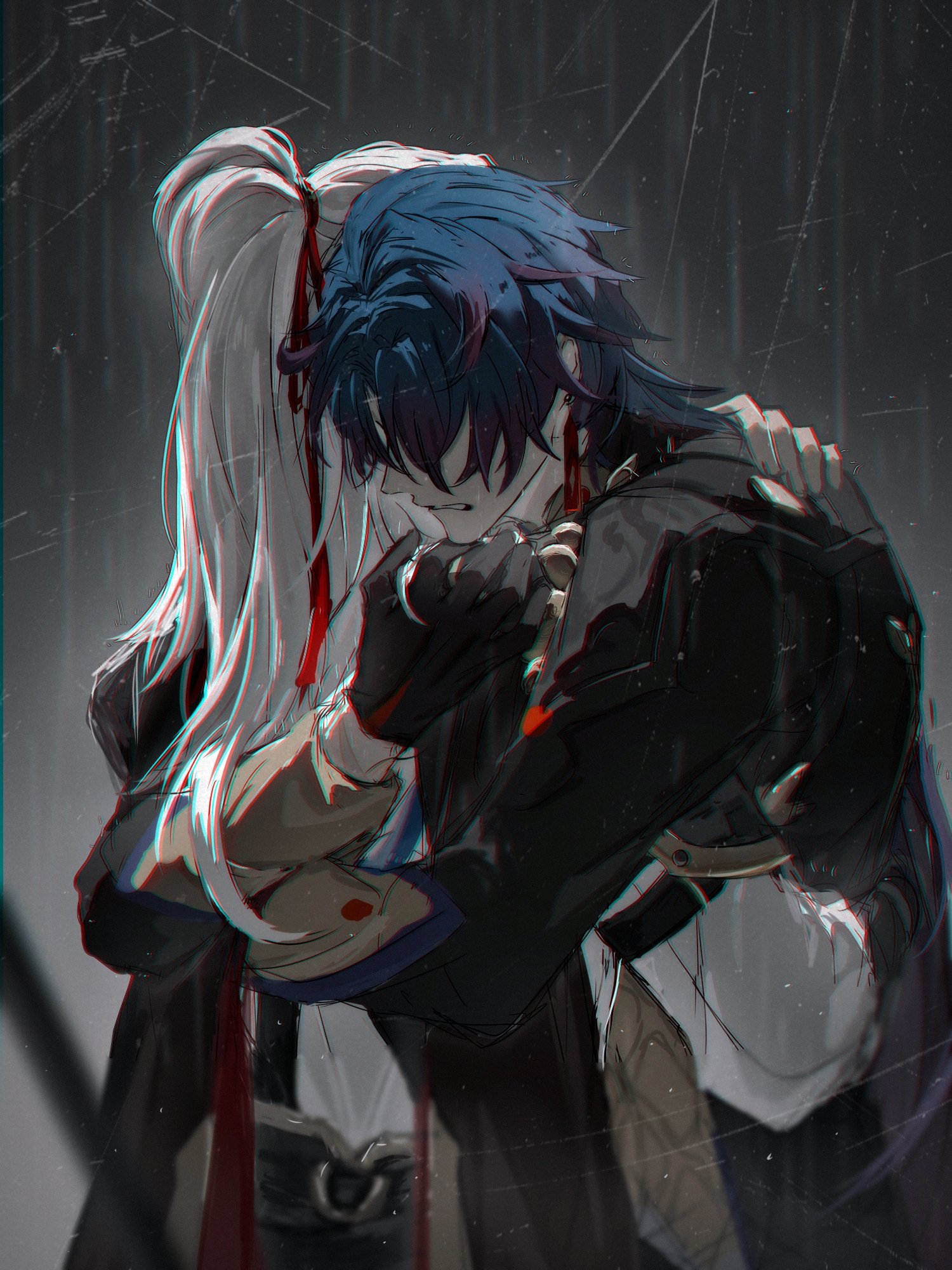 the image depicts a somber scene of two anime characters in a close embrace. the male character has his arm around the female character's shoulders, pulling her close to him. both characters have expressions of sadness and sorrow, with their faces obscured by their hair. the image is filled with darkness, with only a few highlights illuminating the couple's faces. the rain falls softly around them, adding to the atmosphere of melancholy.  the image conveys a sense of heartbreak and emotional distress, suggesting that the couple is in a state of deep sadness or loss.