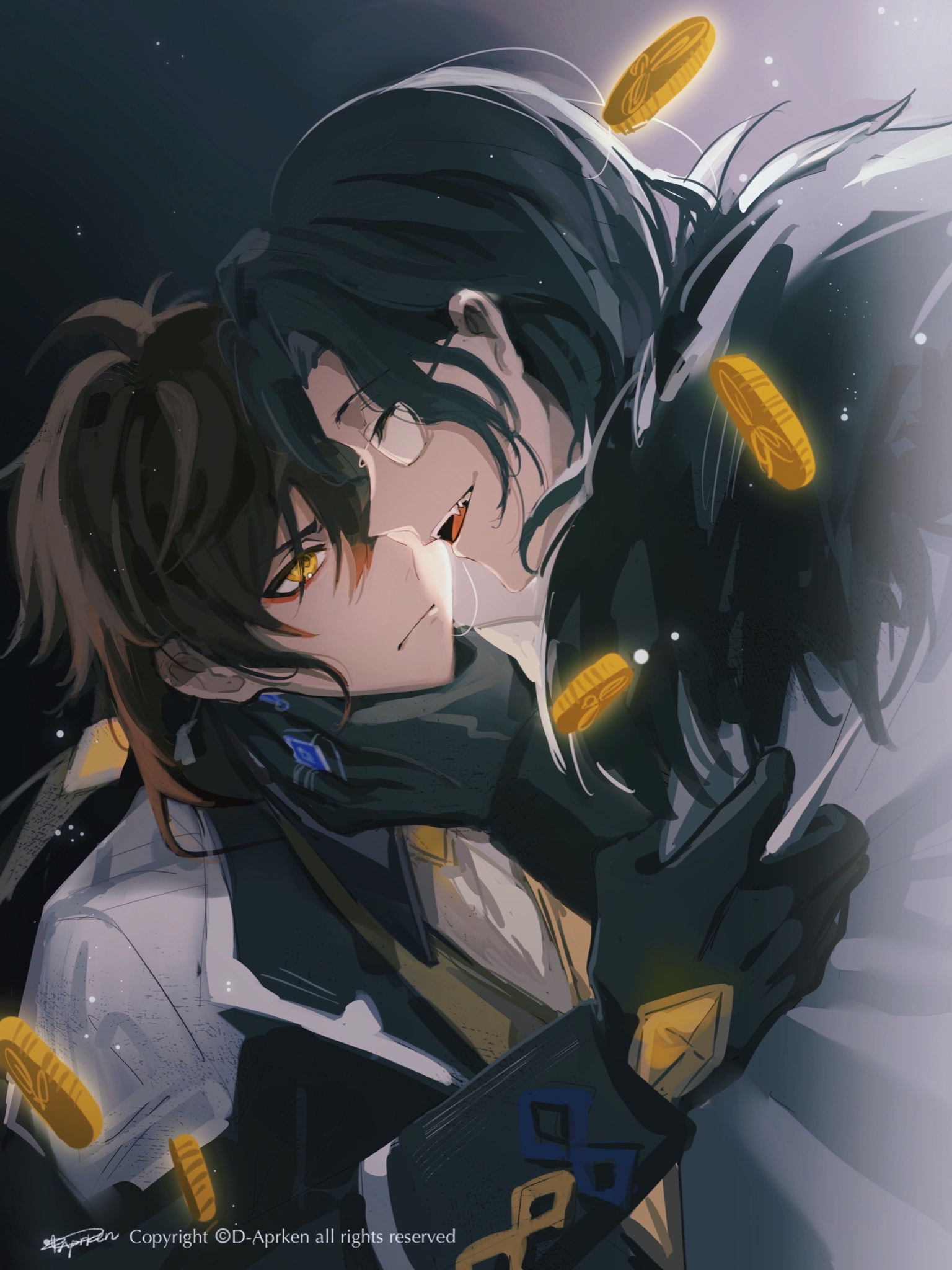 the image is a digital illustration of two anime boys, one with black hair and one with brown hair, in a romantic embrace.  the boy with black hair is smiling and has a loving look in his eyes